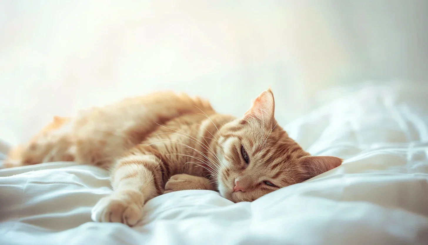 Orangefarbene Katze liegt erschöpft auf einer weißen Bettdecke.