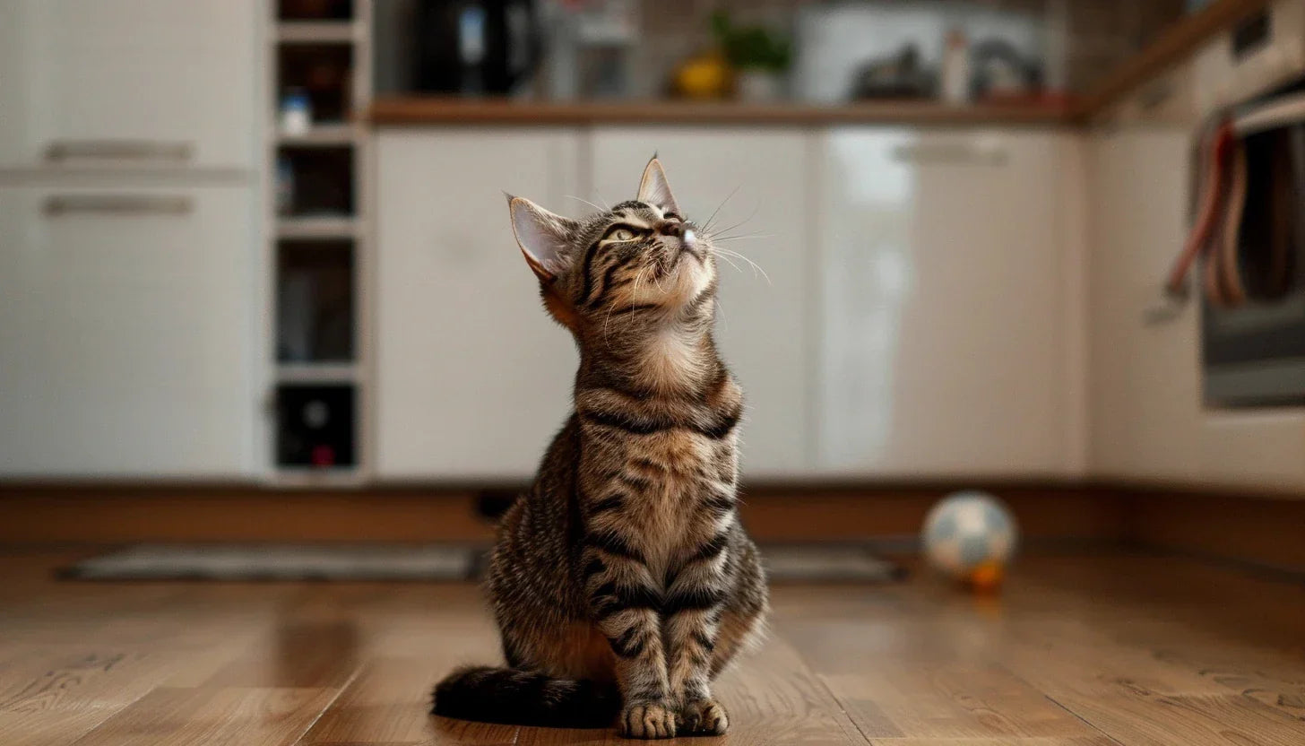 Katze sitzt in einer Küche auf dem Boden und schaut nach oben.