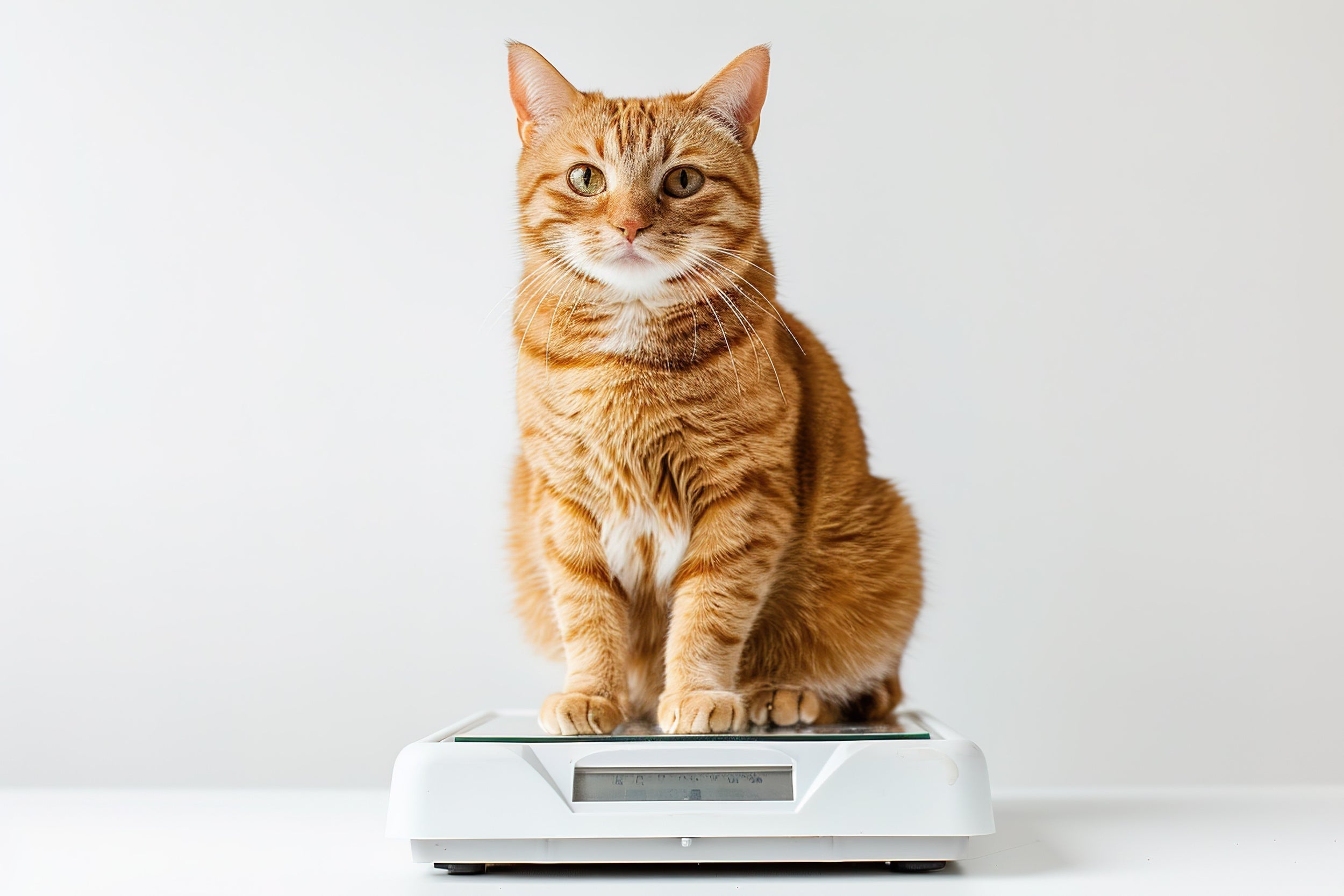 Katze sitzt auf einer Personenwaage, die ihr Gewicht misst, und schaut direkt in die Kamera