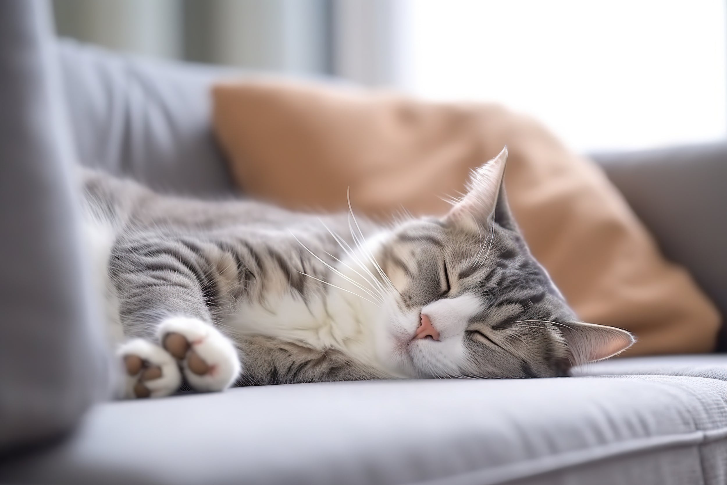 Graue Katze liegt mit geschlossenen Augen in entspannter Haltung auf einem Sofa und schläft