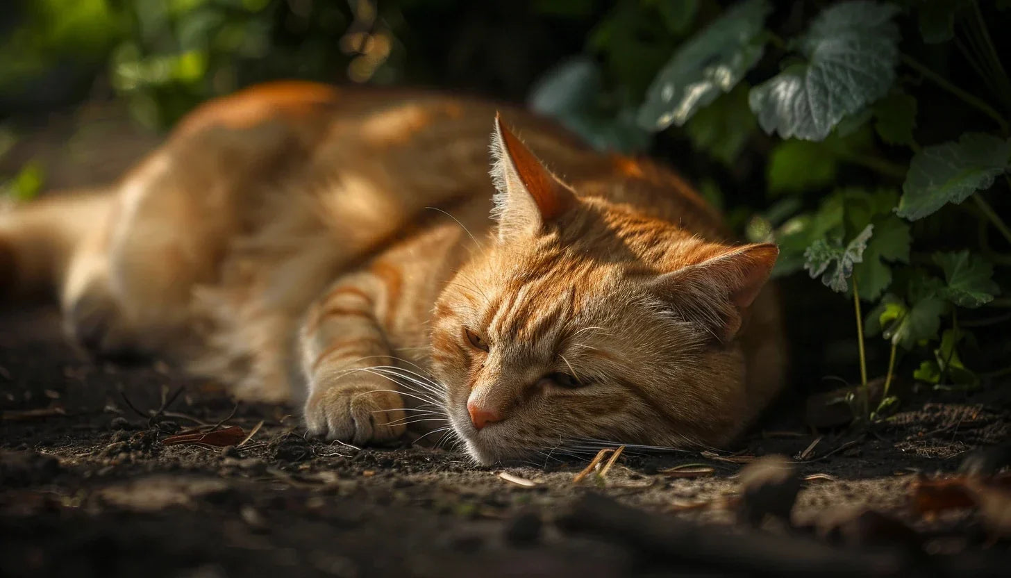 Katze liegt betrübt draußen auf dem Boden in einem schattigen Plätzchen.