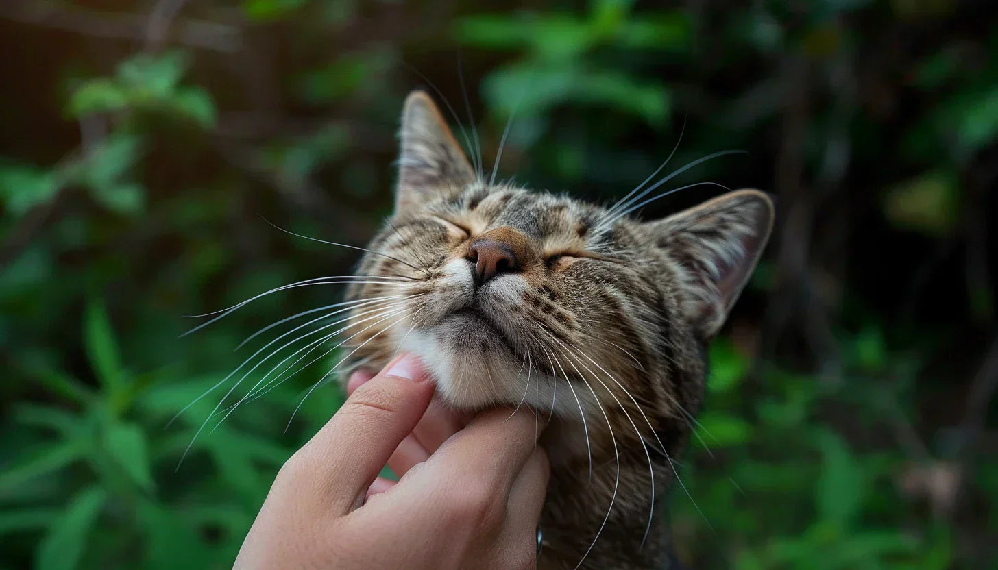 Katze mit Katzenakne wird unter dem Kinn gestreichelt