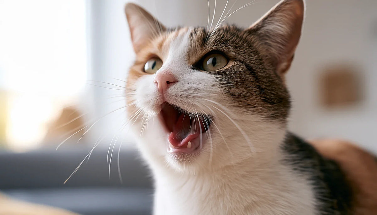 Katze mit geöffnetem Maul, die gerade miaut