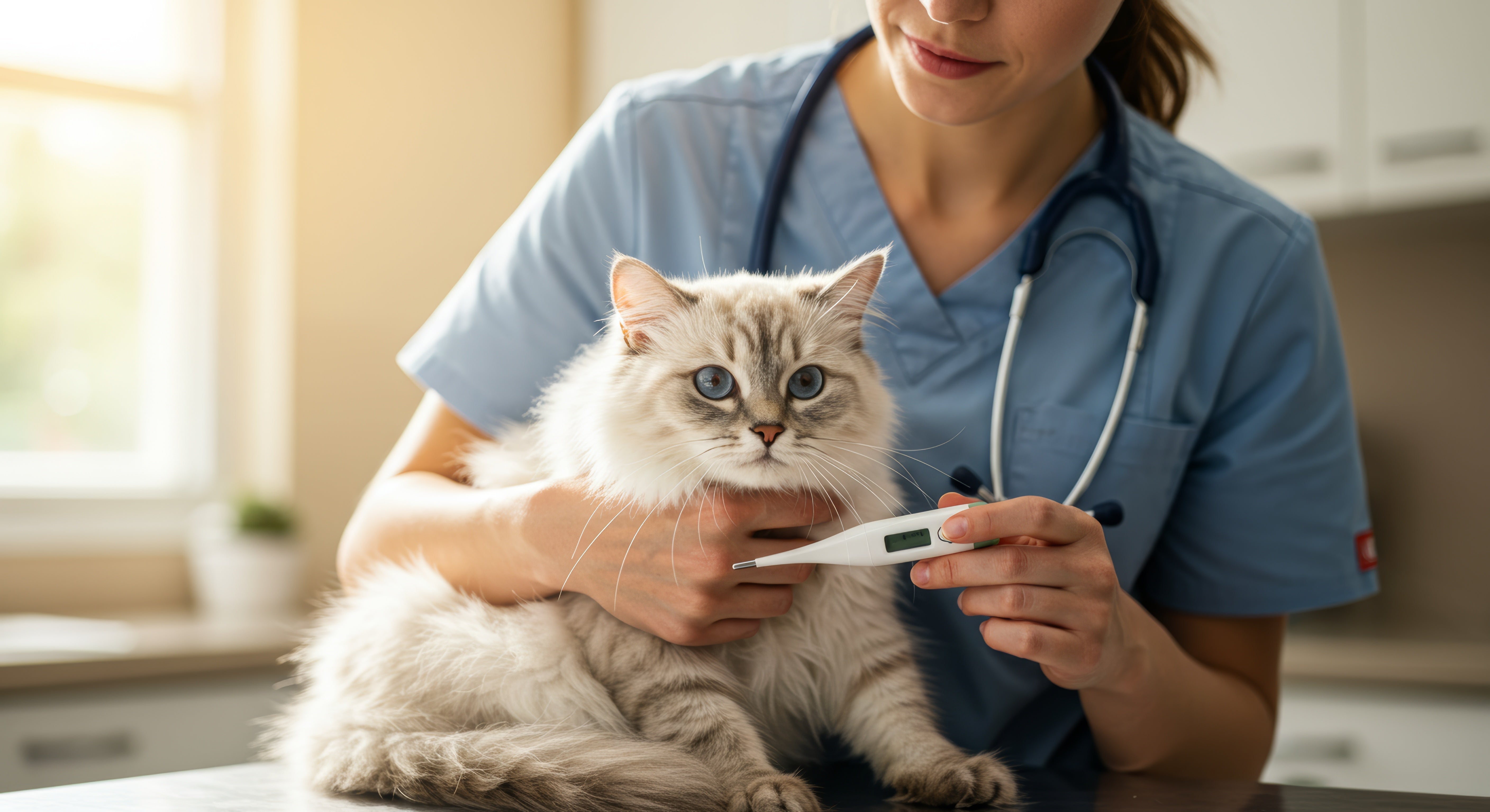 Tierärztin hält ein Fieberthermometer in der einen Hand und hat ihren Arm um eine Katze gelegt, um die Körpertemperatur der Katze zu messen