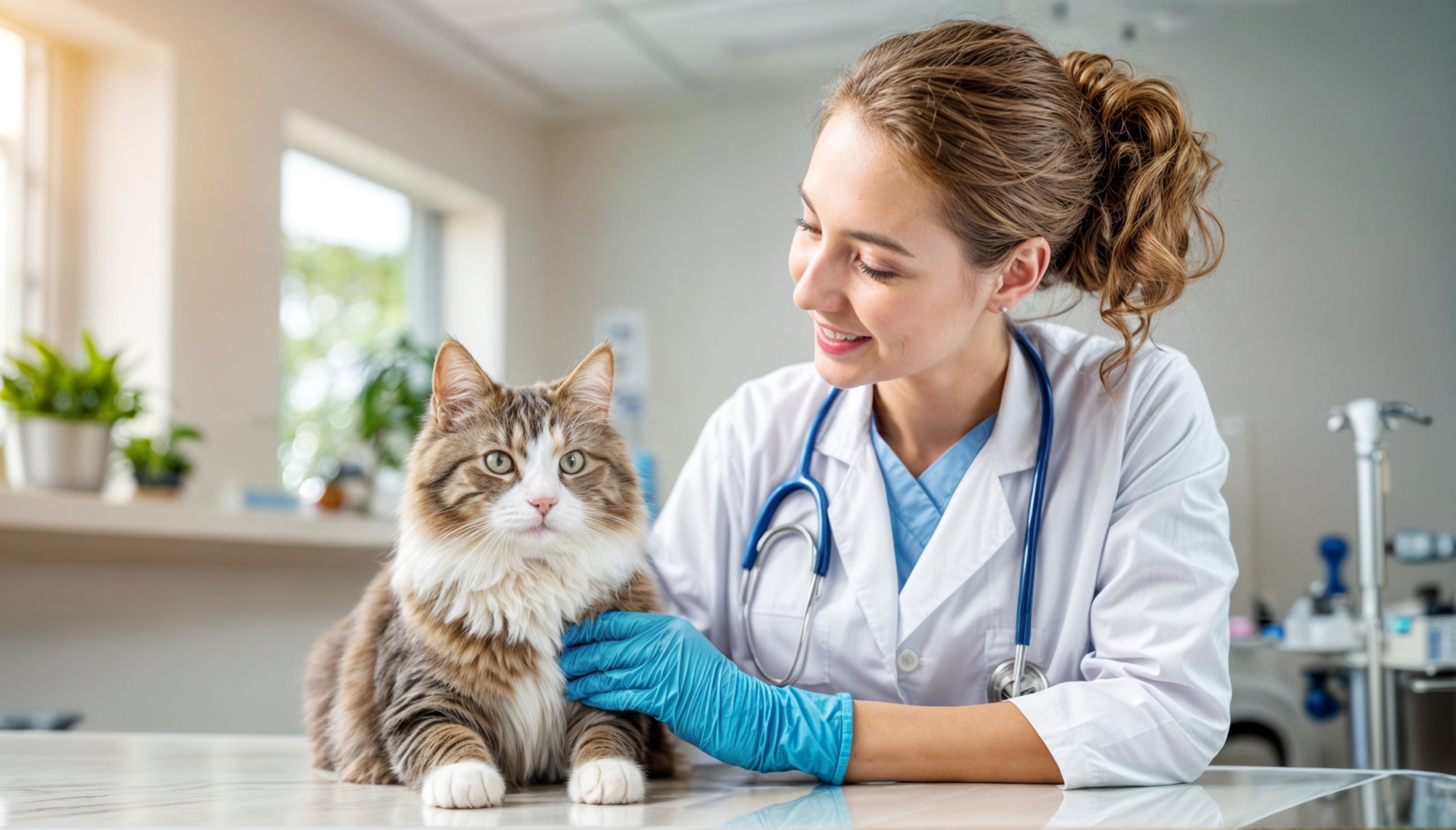 Lächelnde Tierärztin mit blauen Handschuhen tastet entspannter Katze den Hals ab, um auf eine Schilddrüsenüberfunktion zu testen.
