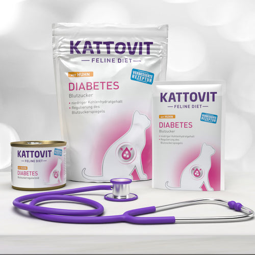 Verschiedene Produkte der Reihe KATTOVIT Feline Diet Diabetes für Katzen mit Diabetes.