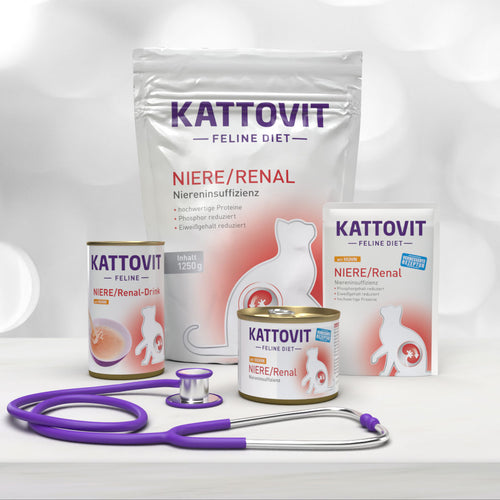 Futterprodukte der Marke KATTOVIT für Katzen mit Nierenproblemen. Mehrere Packungen und Dosen mit der Aufschrift "Niere/Renal" sind zu sehen.
