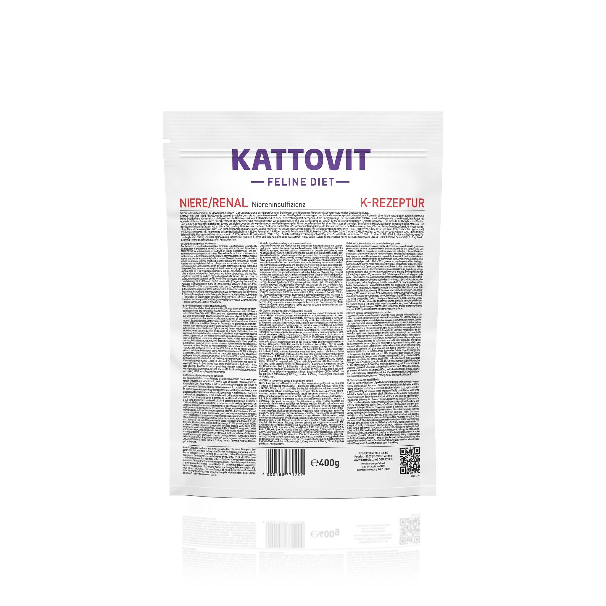 Rückseite einer Trockenfutter-Verpackung von KATTOVIT Niere/Renal.
