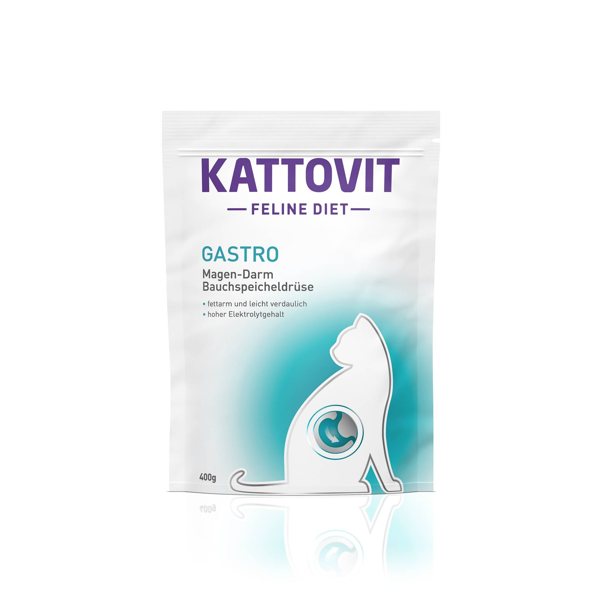 Weiße 400-g-Verpackung KATTOVIT Feline Diet Gastro mit stilisiertem Magen.