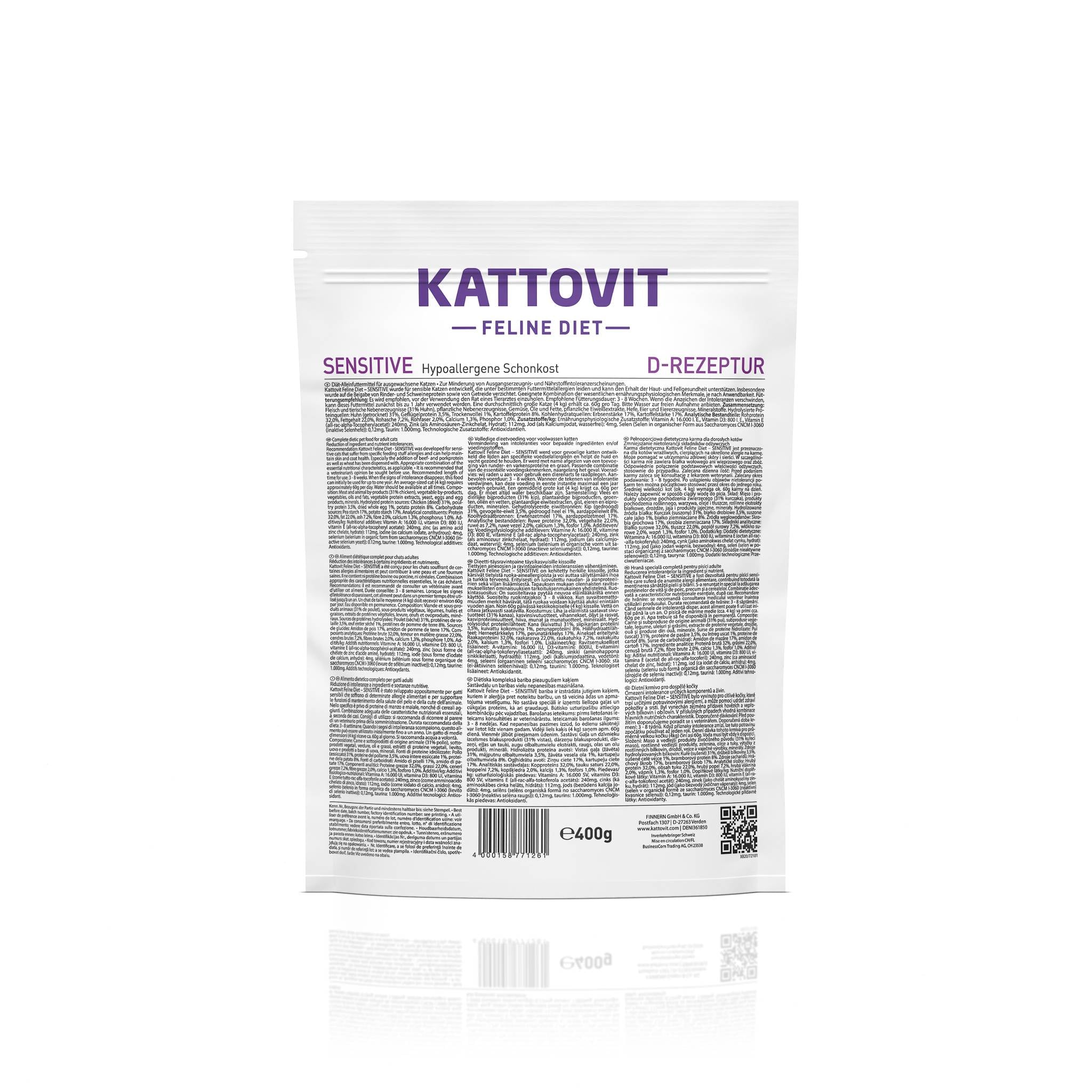Rückseite einer Trockenfutter-Verpackung von KATTOVIT Sensitive.