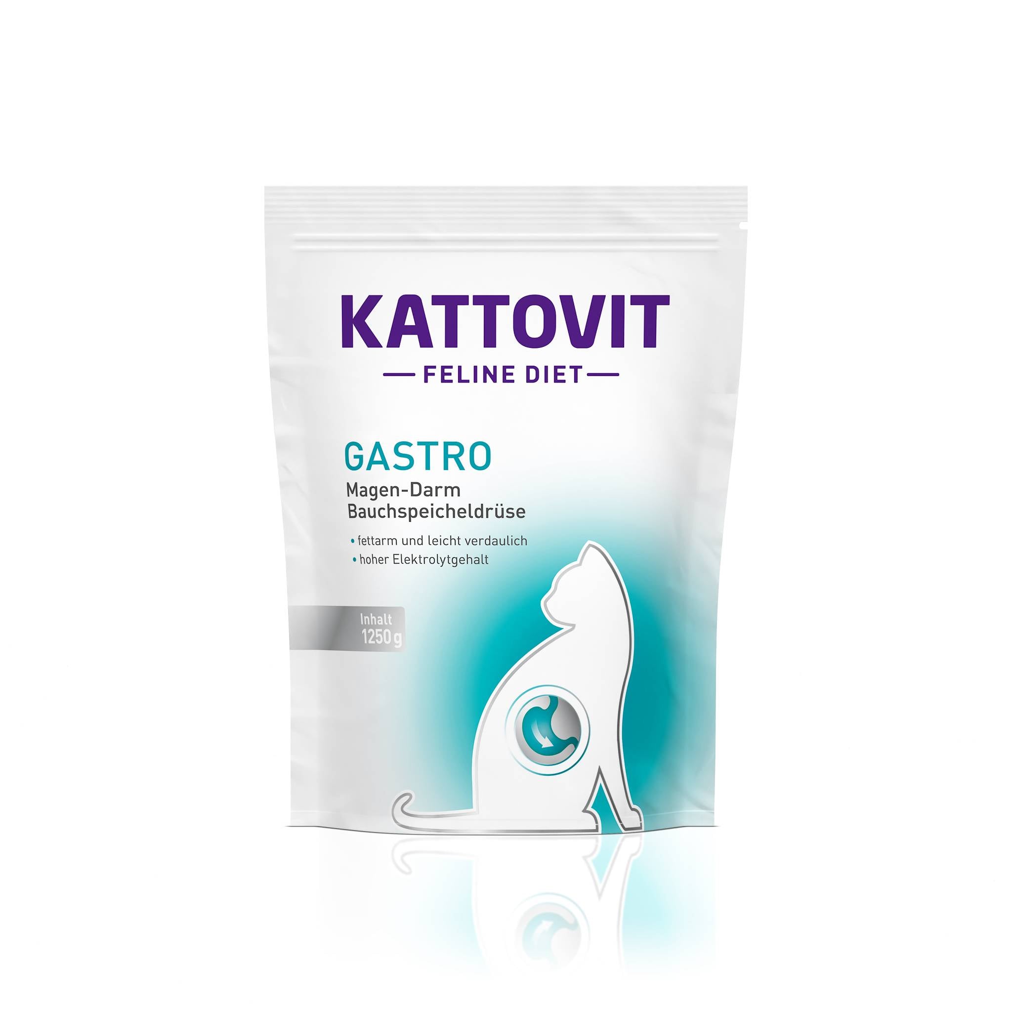 Eine Verpackung Katzenfutter der Reihe "KATTOVIT Feline Diet Gastro". Es handelt sich um Magen-Darm-Nahrung mit hohem Elektrolytgehalt.