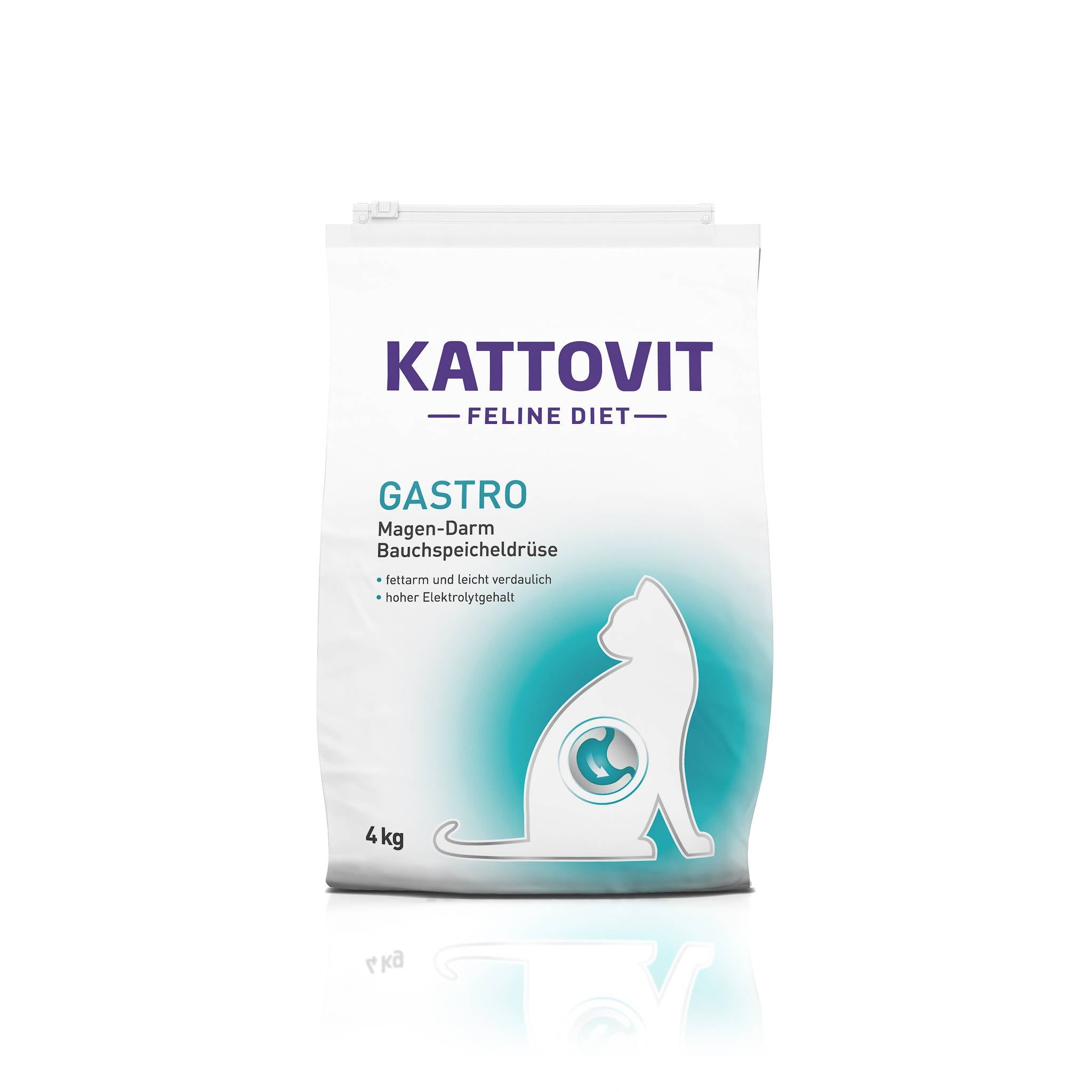 Eine weiße Packung Katzenfutter mit der Aufschrift "KATTOVIT Feline Diet Gastro". Die Packung wiegt 4 Kilogramm.