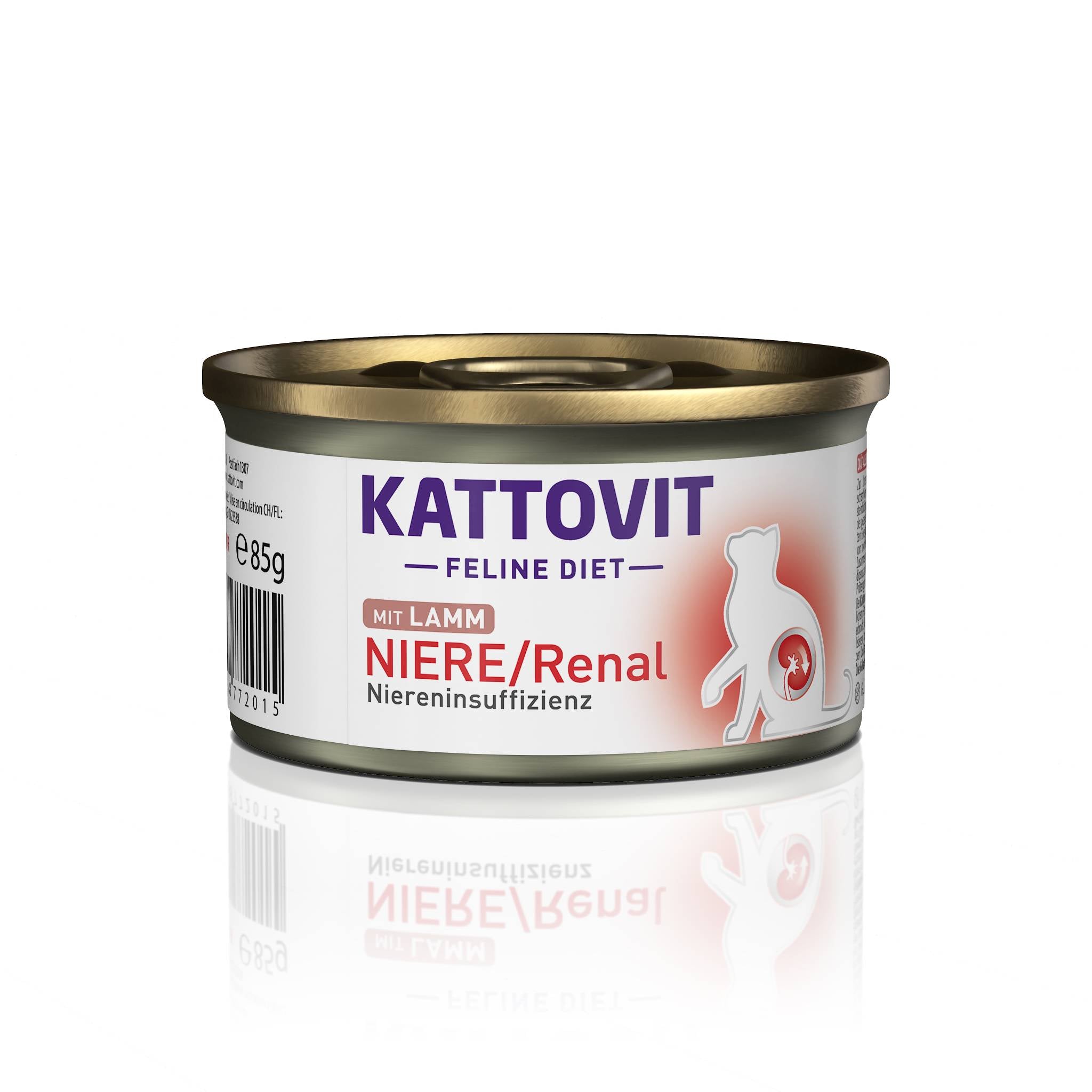 Eine Dose Katzenfutter der Marke KATTOVIT mit 85 Gramm. Sie ist für Katzen mit Nierenproblemen und enthält Lamm.