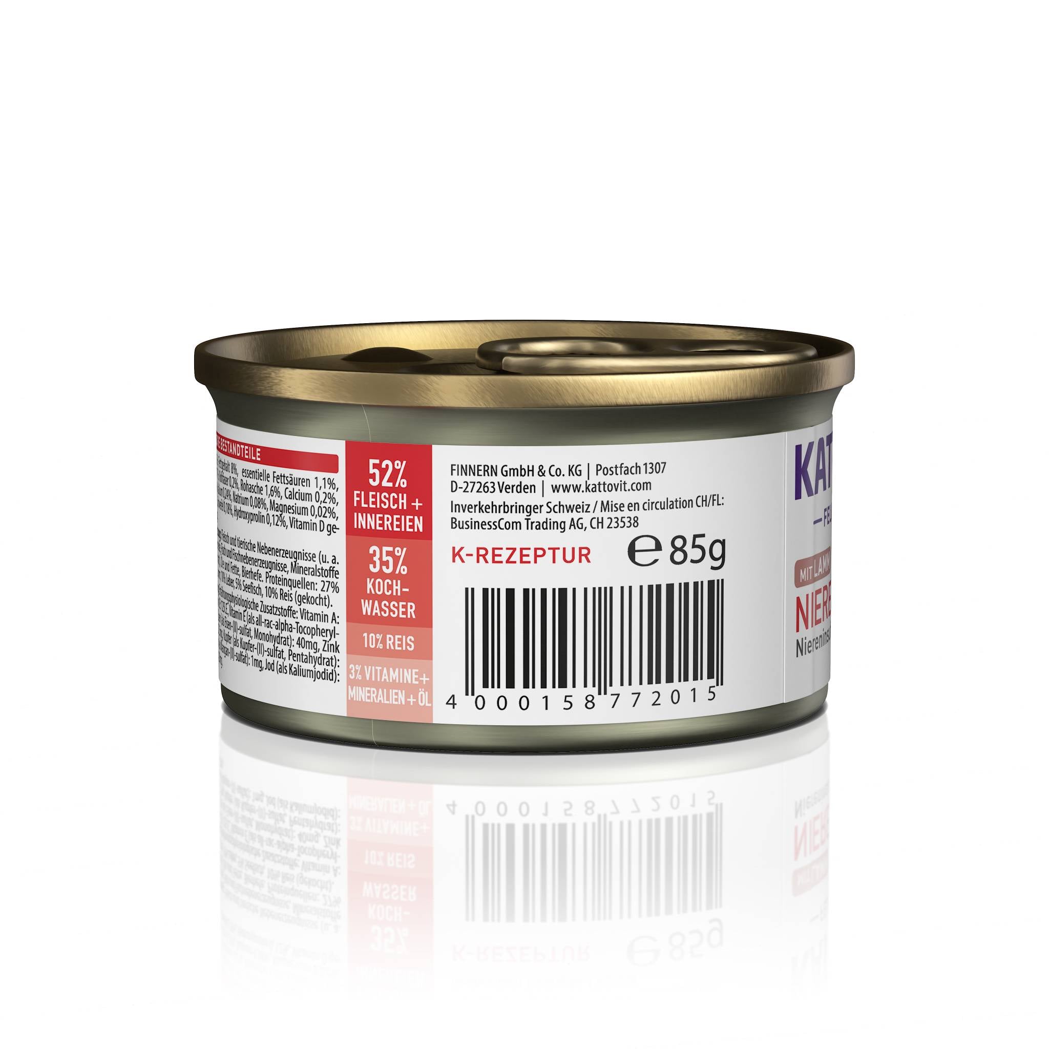 Rückseite einer KATTOVIT-Dose Niere/Renal mit Herstellerangaben und Barcode.