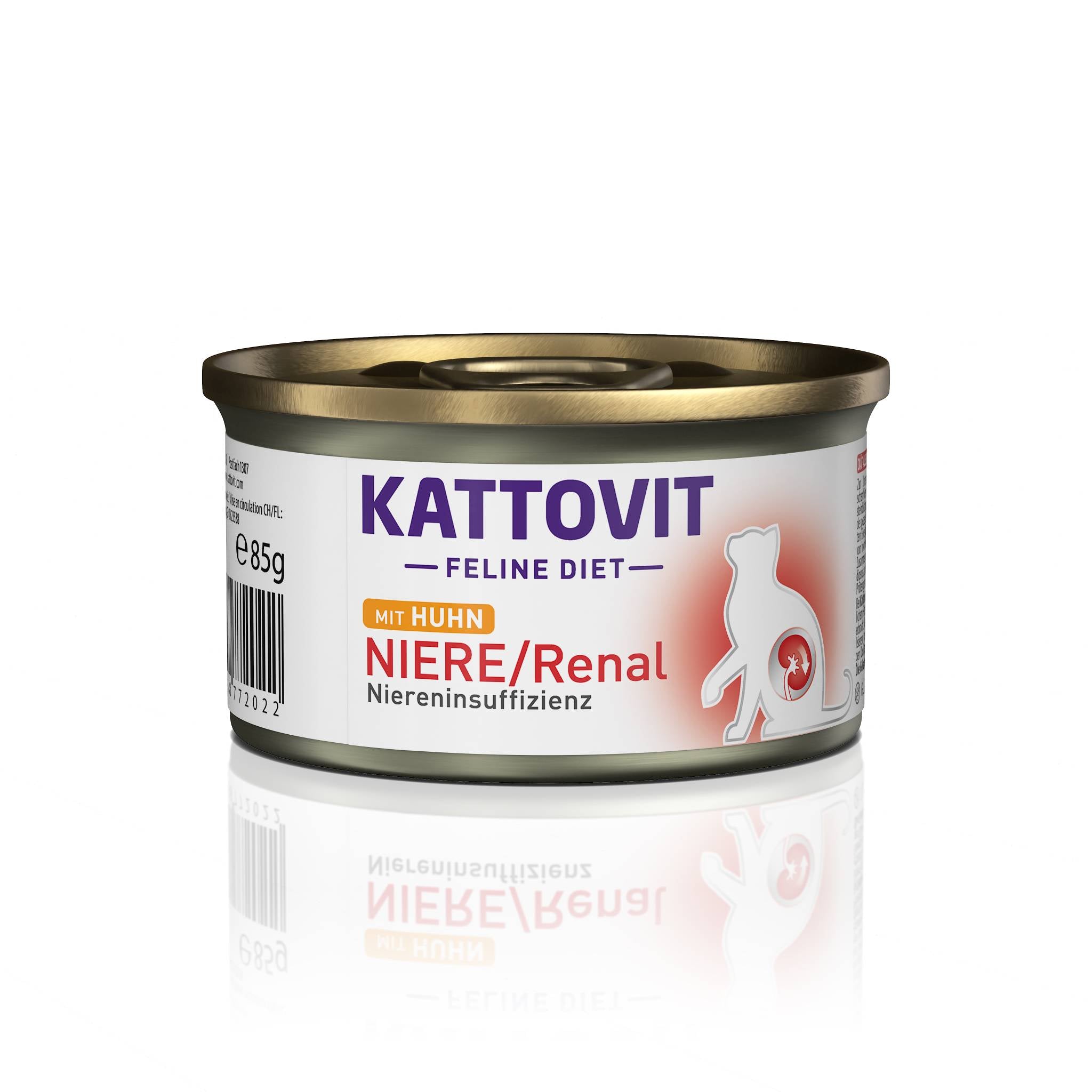 Eine runde Dose Katzenfutter mit der Aufschrift "KATTOVIT Feline Diet Niere/Renal" mit Huhn.