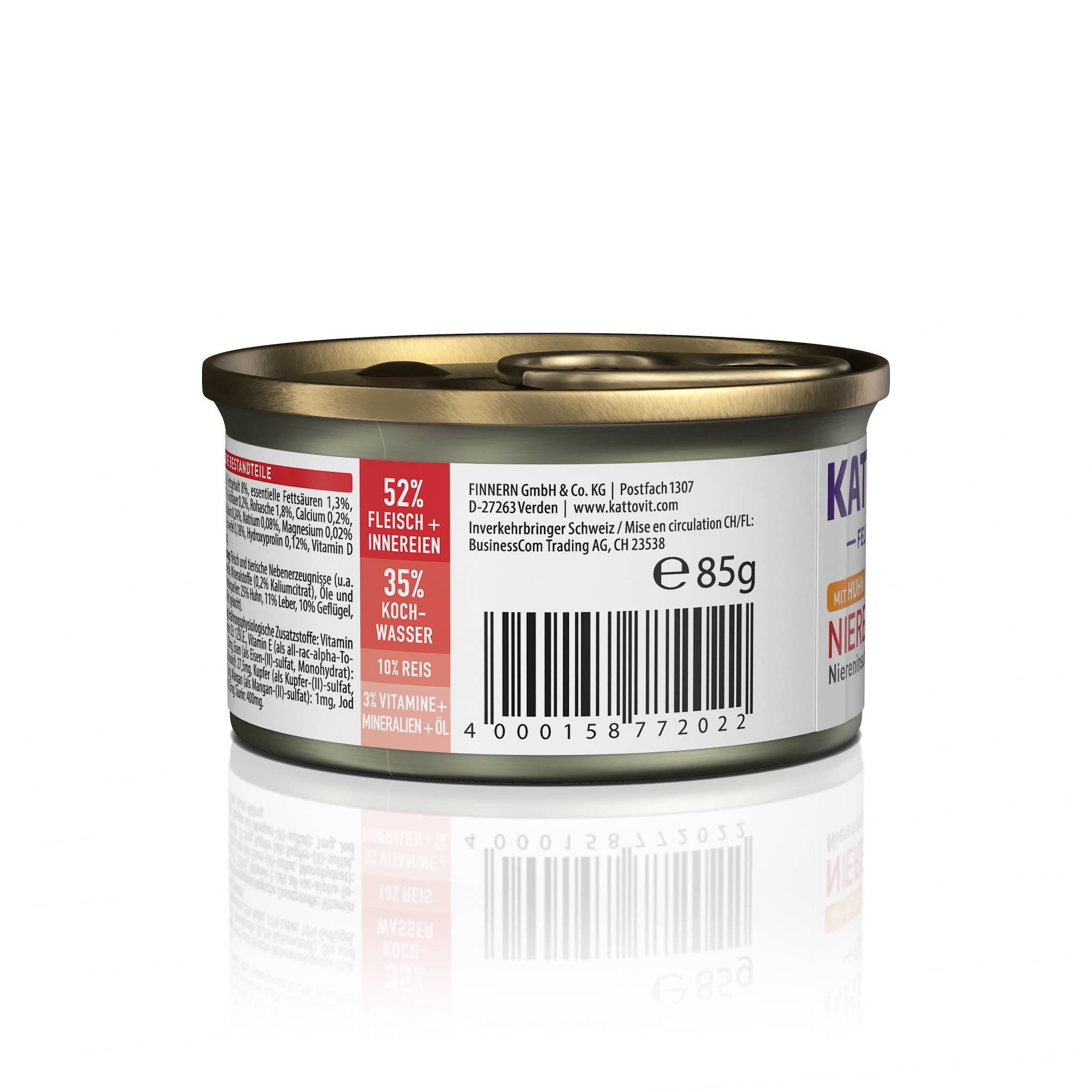 Rückseite einer KATTOVIT-Dose Niere/Renal mit Herstellerangaben und Barcode.