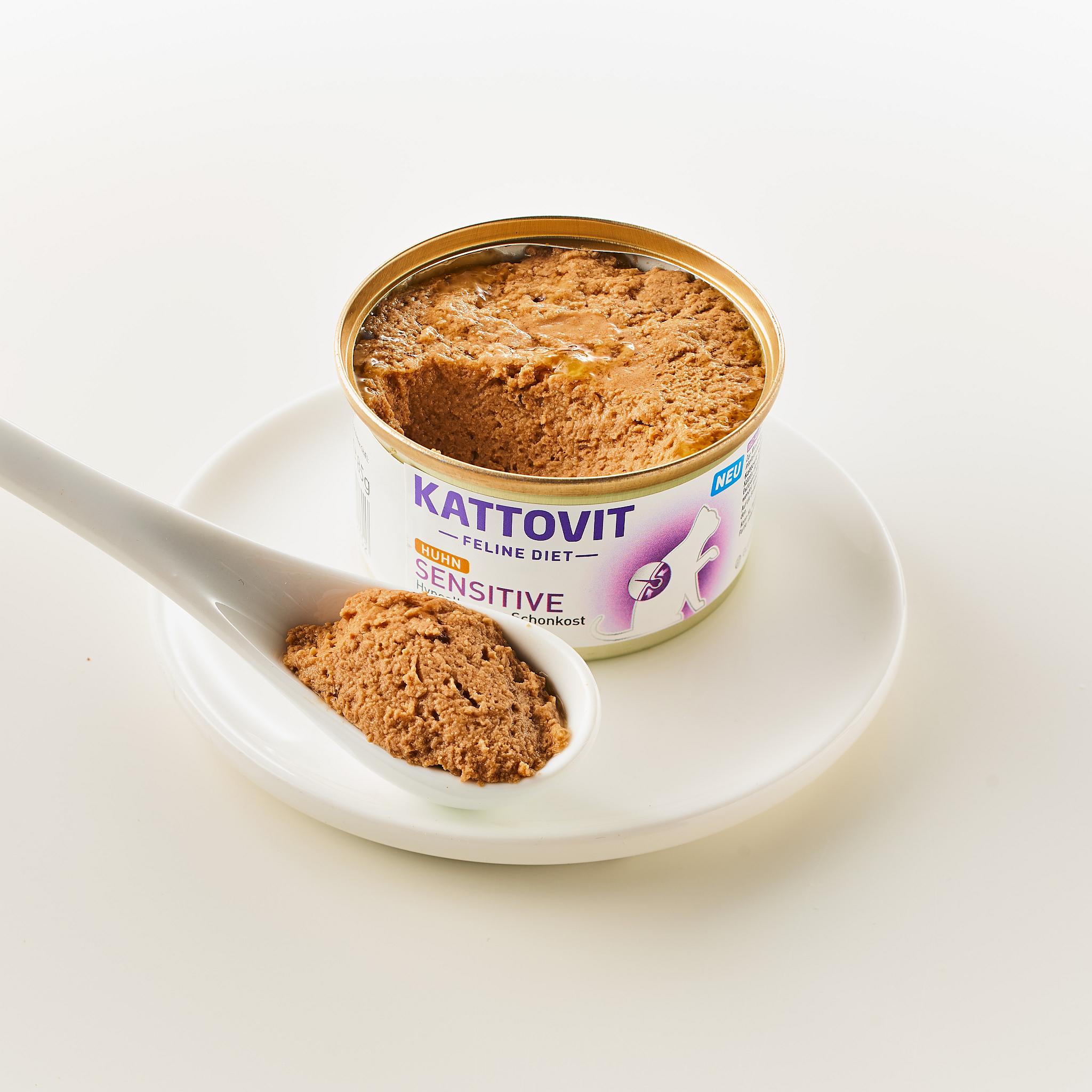 Eine offene Dose Katzenfutter mit der Aufschrift "KATTOVIT Feline Diet Sensitive". Neben der Dose liegt ein weißer Löffel mit etwas Futter in einer Untertasse.