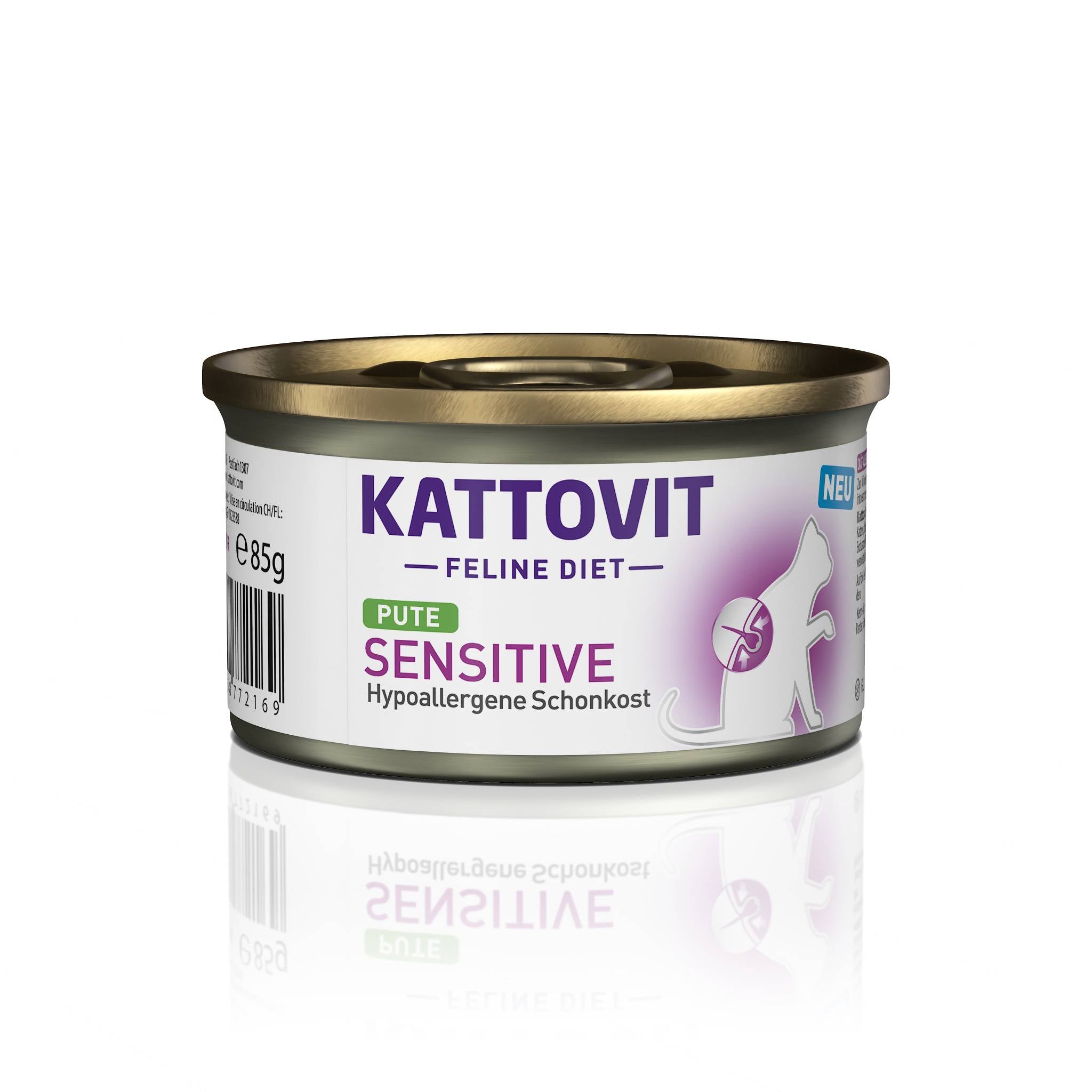 Eine Dose Katzenfutter mit dem Etikett "KATTOVIT Feline Diet Sensitive mit Pute".