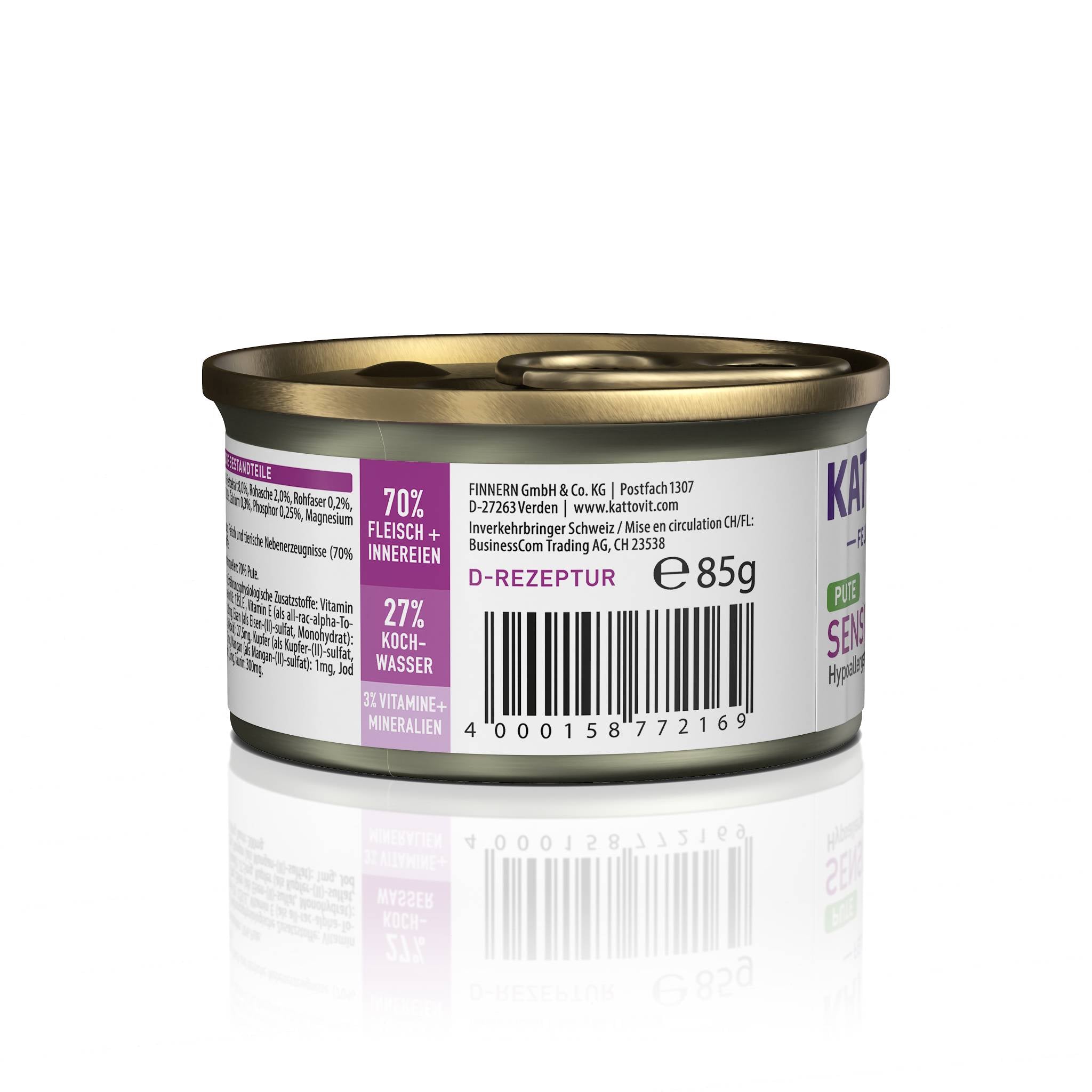 Rückseite einer KATTOVIT-Dose Sensitive mit Herstellerangaben und Barcode.