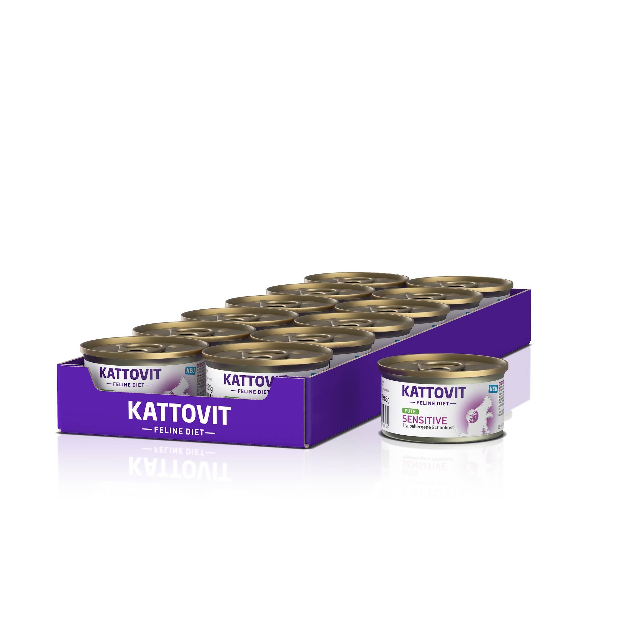 Eine Verpackung mit Katzenfutter der Reihe "KATTOVIT Sensitive", speziell für sensible Katzen. In der Verpackung befinden sich mehrere Dosen, die ordentlich gestapelt sind.