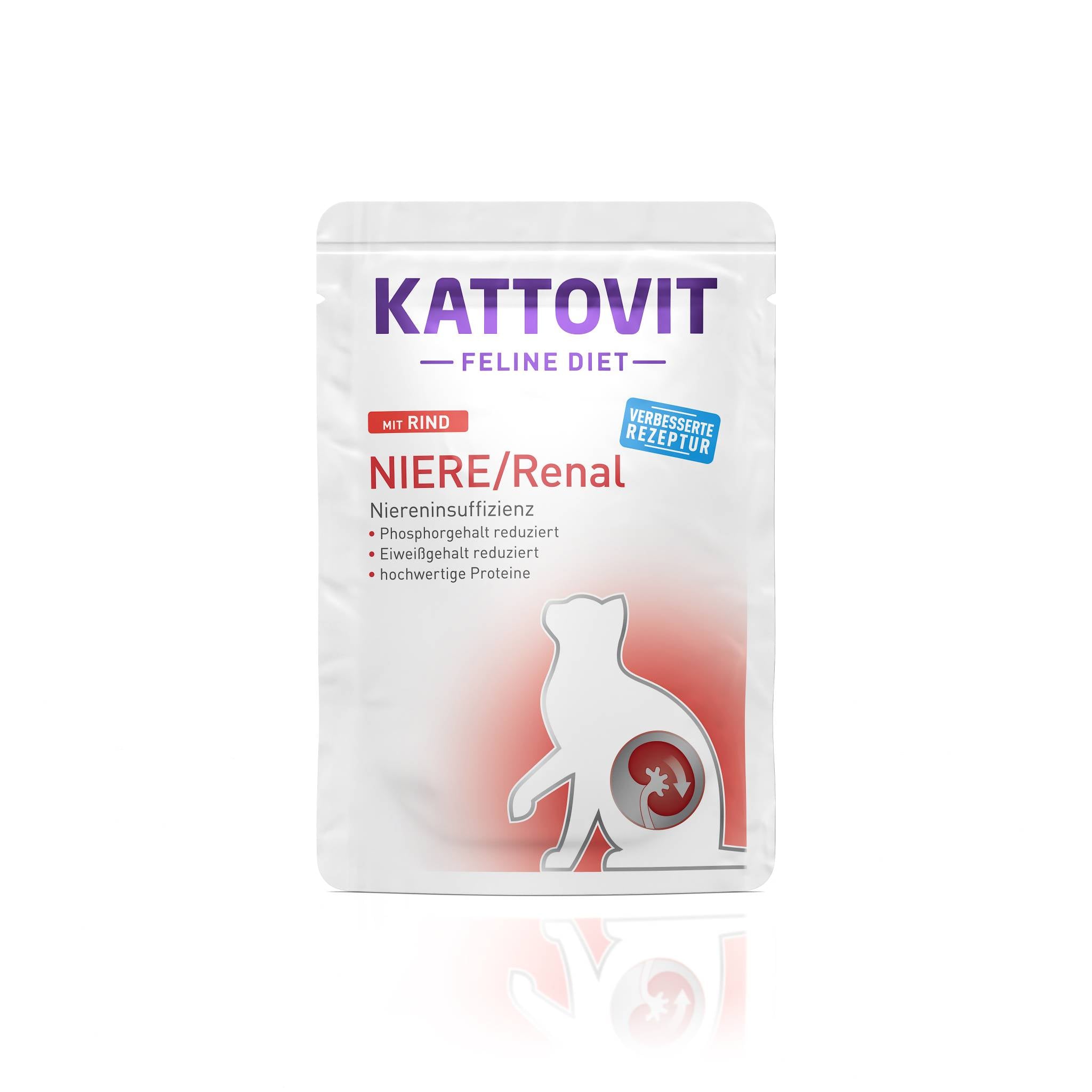 Eine Verpackung von "KATTOVIT Feline Diet" Katzenfutter für Niereninsuffizienz. Das Produkt hat reduzierten Phosphor- und Eiweißgehalt sowie hochwertige Proteine.