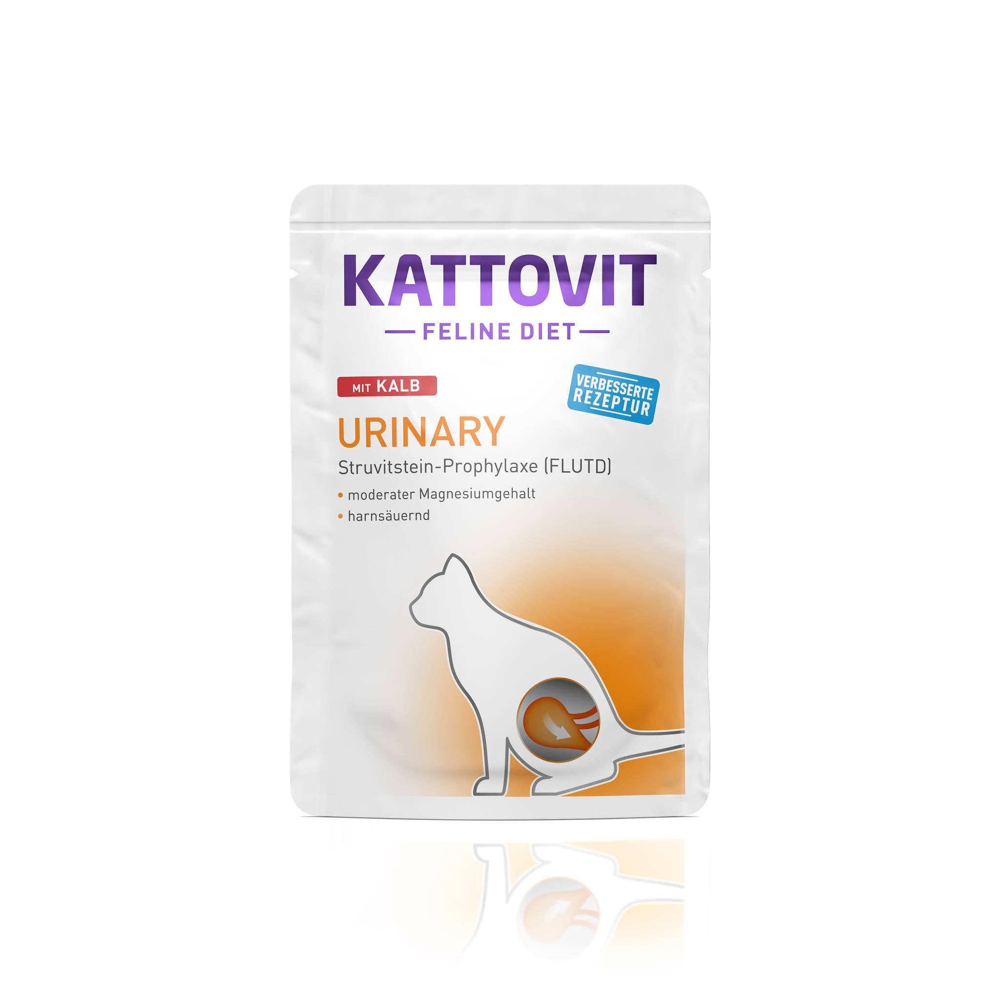 Eine Packung Katzenfutter der Reihe "KATTOVIT Urinary" mit Kalb, speziell für die Harnwegsgesundheit.