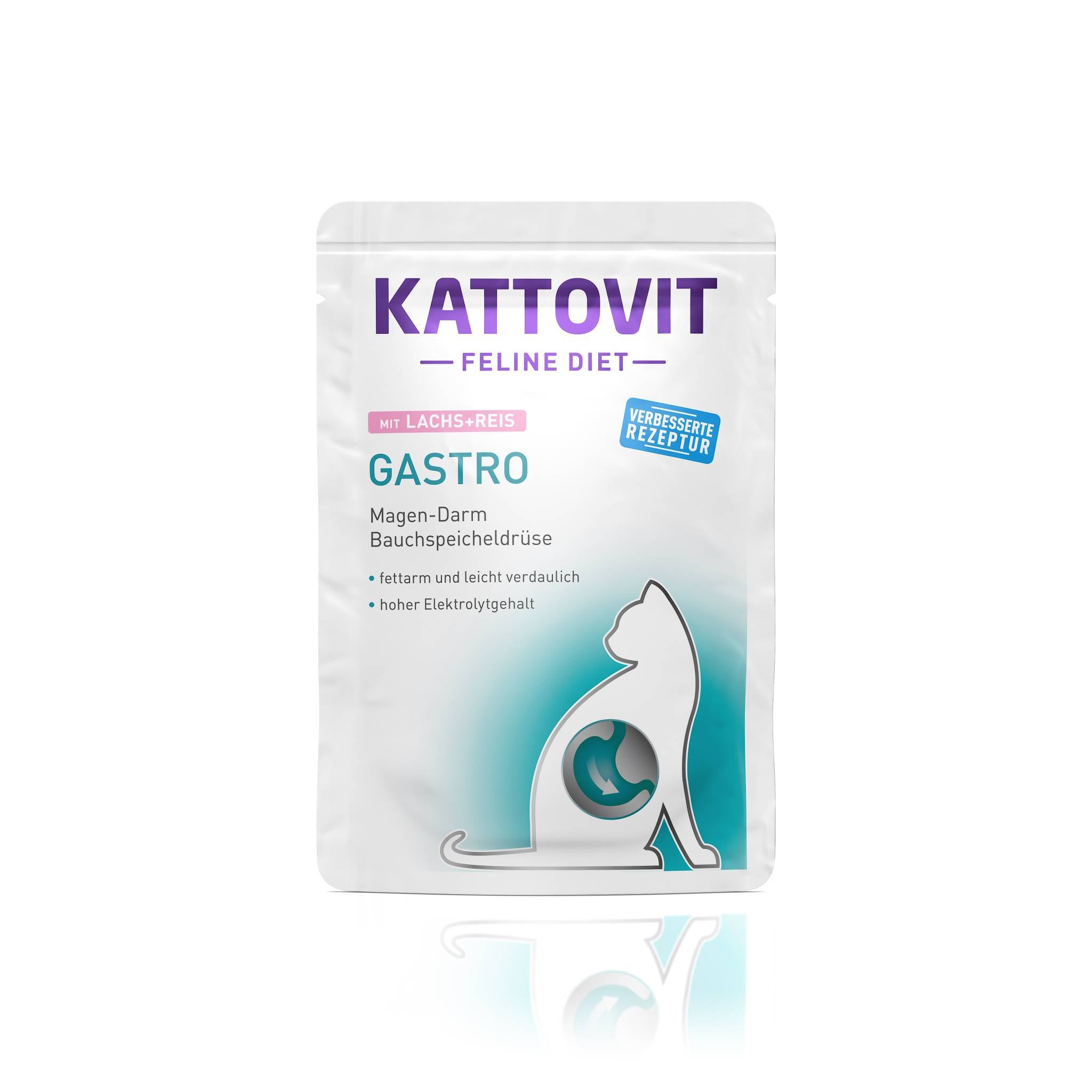 Eine weiße Verpackung von Katzenfutter namens "KATTOVIT Feline Diet Gastro" mit Lachs und Reis.