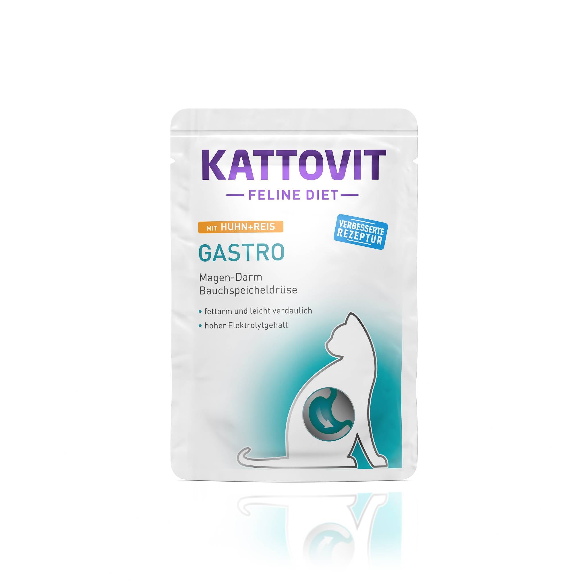 Eine weiße Verpackung von Katzenfutter namens "KATTOVIT Feline Diet Gastro" mit Huhn und Reis.