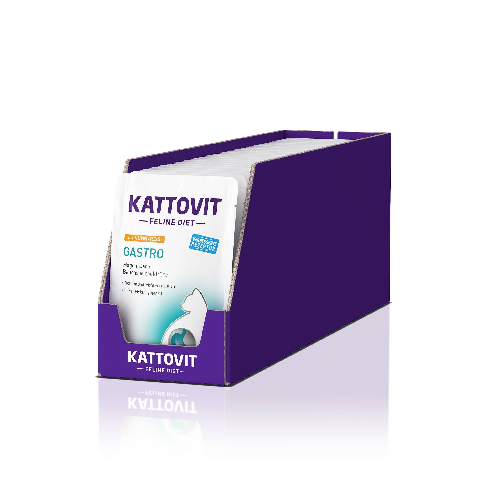 Eine lila Verpackungsschachtel mit dem Namen "KATTOVIT Feline Diet". Darin sind mehrere weiße Beutel, beschriftet mit "Gastro", für Katzen mit Magen-Darm-Problemen.