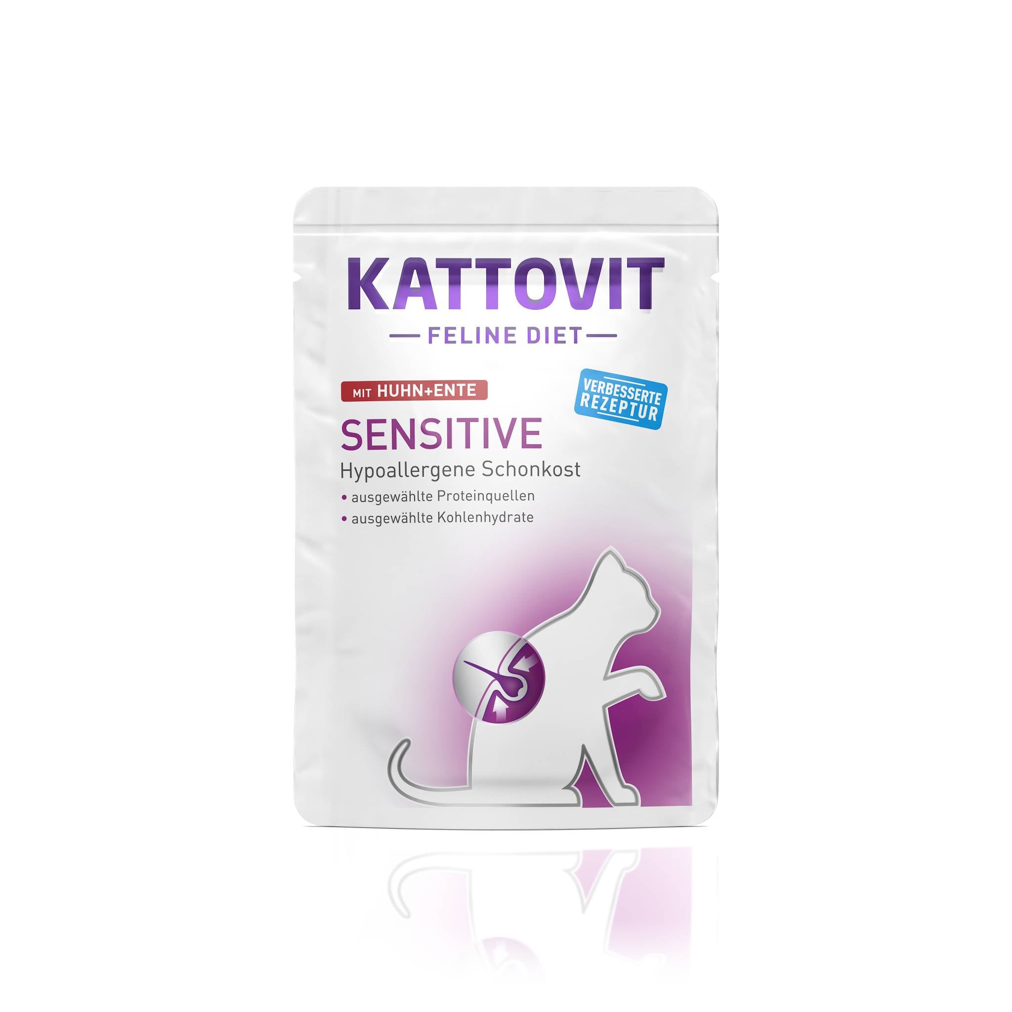 Eine weiße Verpackung von Katzenfutter namens "KATTOVIT Feline Diet Sensitive" mit Huhn und Ente.