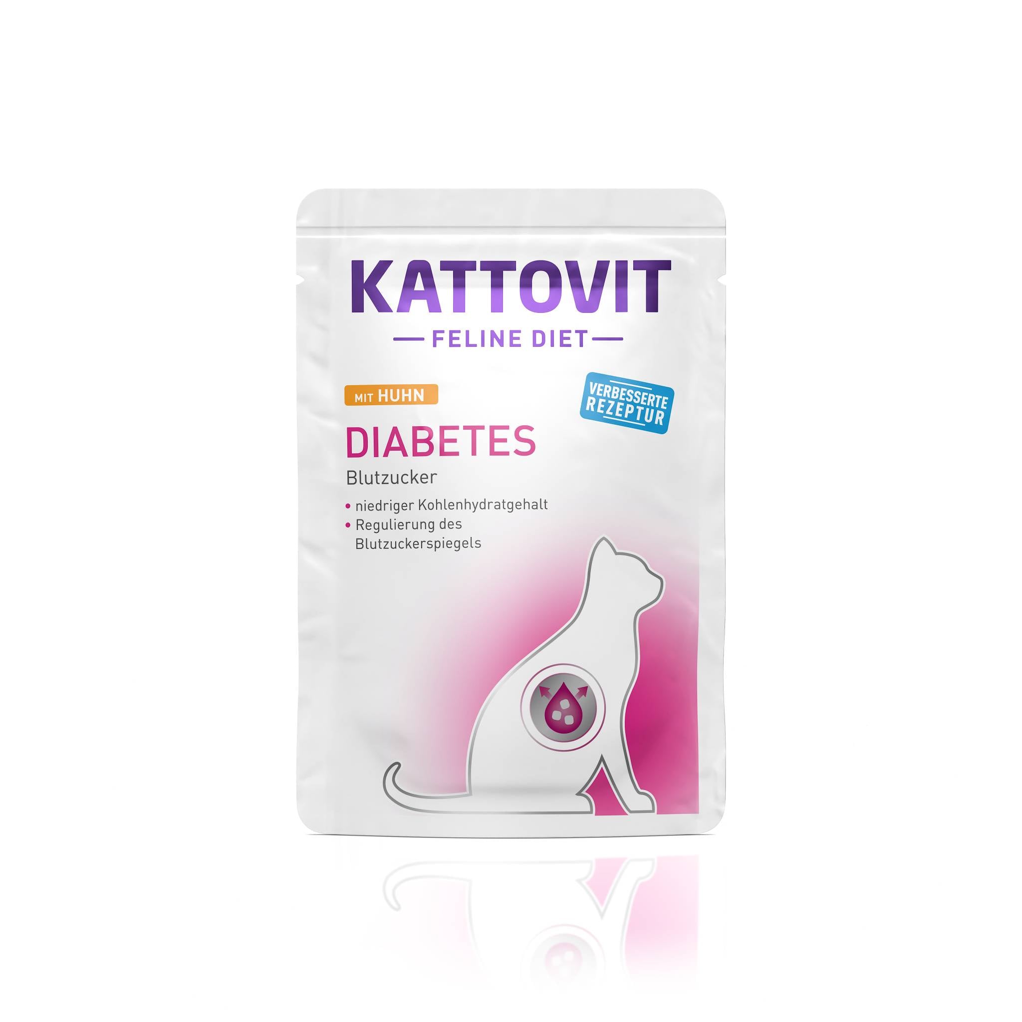 Eine weiße Verpackung von Katzenfutter namens "KATTOVIT Feline Diet Diabetes" mit Huhn.