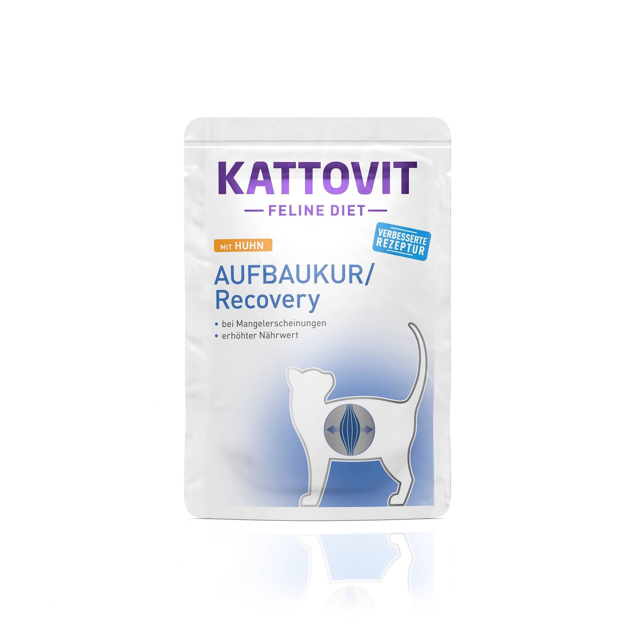 Eine weiße Verpackung von Katzenfutter namens "KATTOVIT Feline Diet Aufbaukur" mit Huhn.