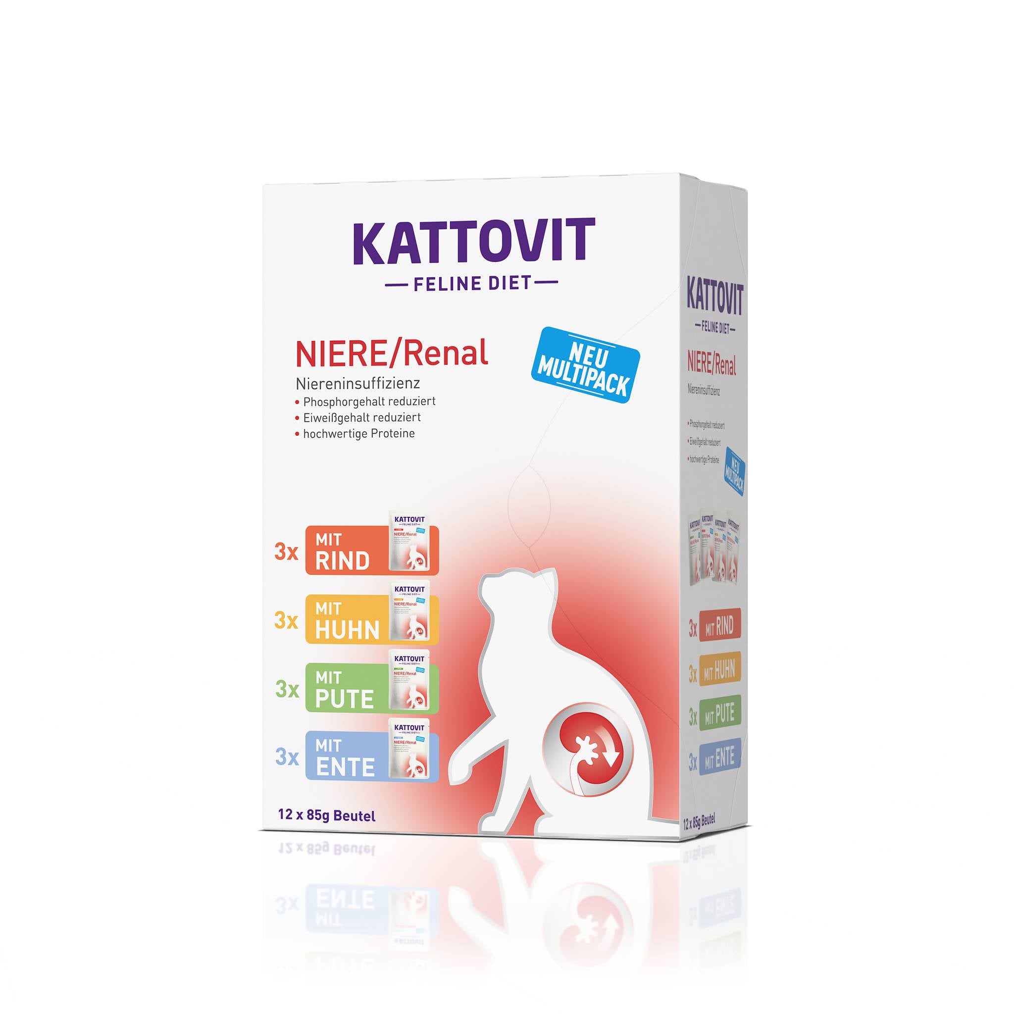 Eine Verpackung für Katzenfutter "KATTOVIT Feline Diet Niere/Renal". Es ist ein Multipack mit 12 Beuteln à 85 Gramm in vier Geschmacksrichtungen.