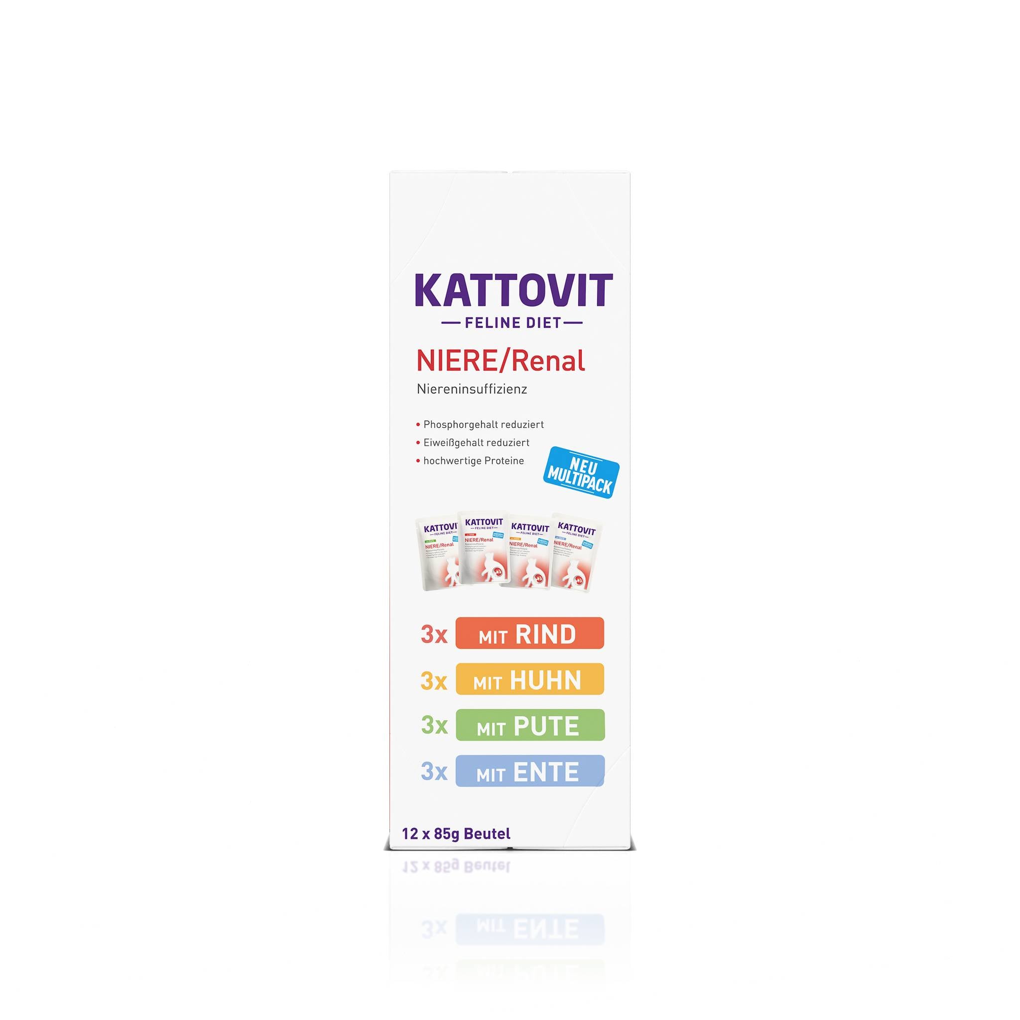 Seitenansicht einer Verpackung von "KATTOVIT Feline Diet Niere/Renal"-Katzenfutter. Es ist ein Multipack mit 12 Beuteln à 85 Gramm in vier Geschmacksrichtungen.