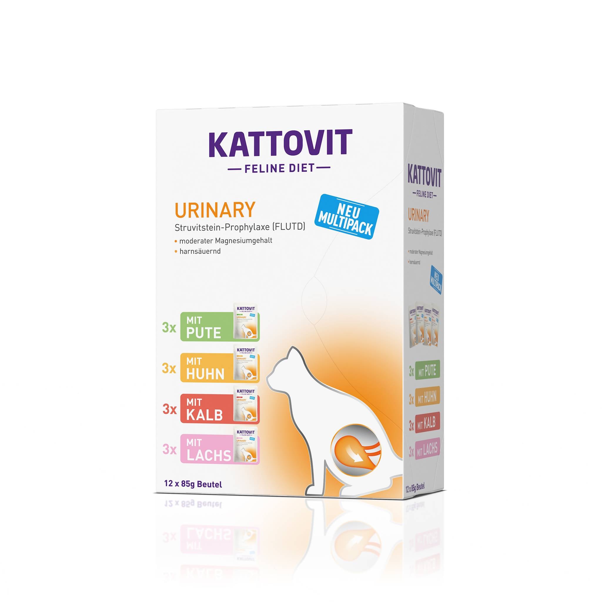 Eine Verpackung von Katzenfutter "KATTOVIT - Urinary". Die Packung ist für eine urinäre Diät konzipiert und enthält 12 Beutel à 85 Gramm in vier Geschmacksrichtungen.