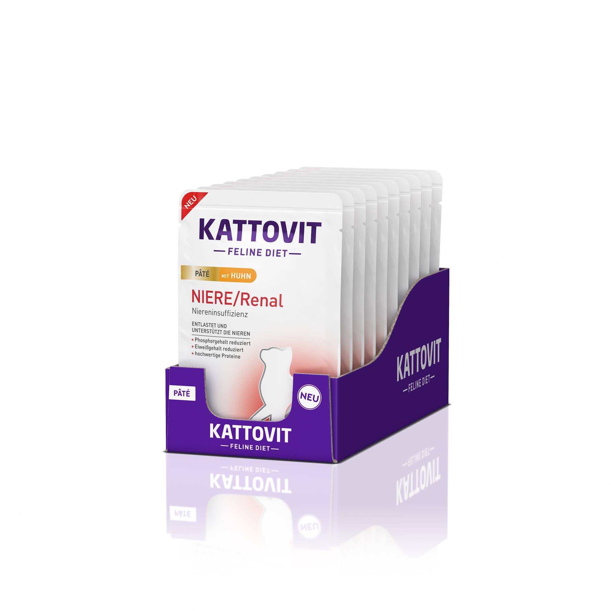 Eine Verpackung mit Katzenfutter der Marke KATTOVIT. Die Verpackung enthält mehrere Beutel mit Nassfutter für Katzen, speziell für Niereninsuffizienz.
