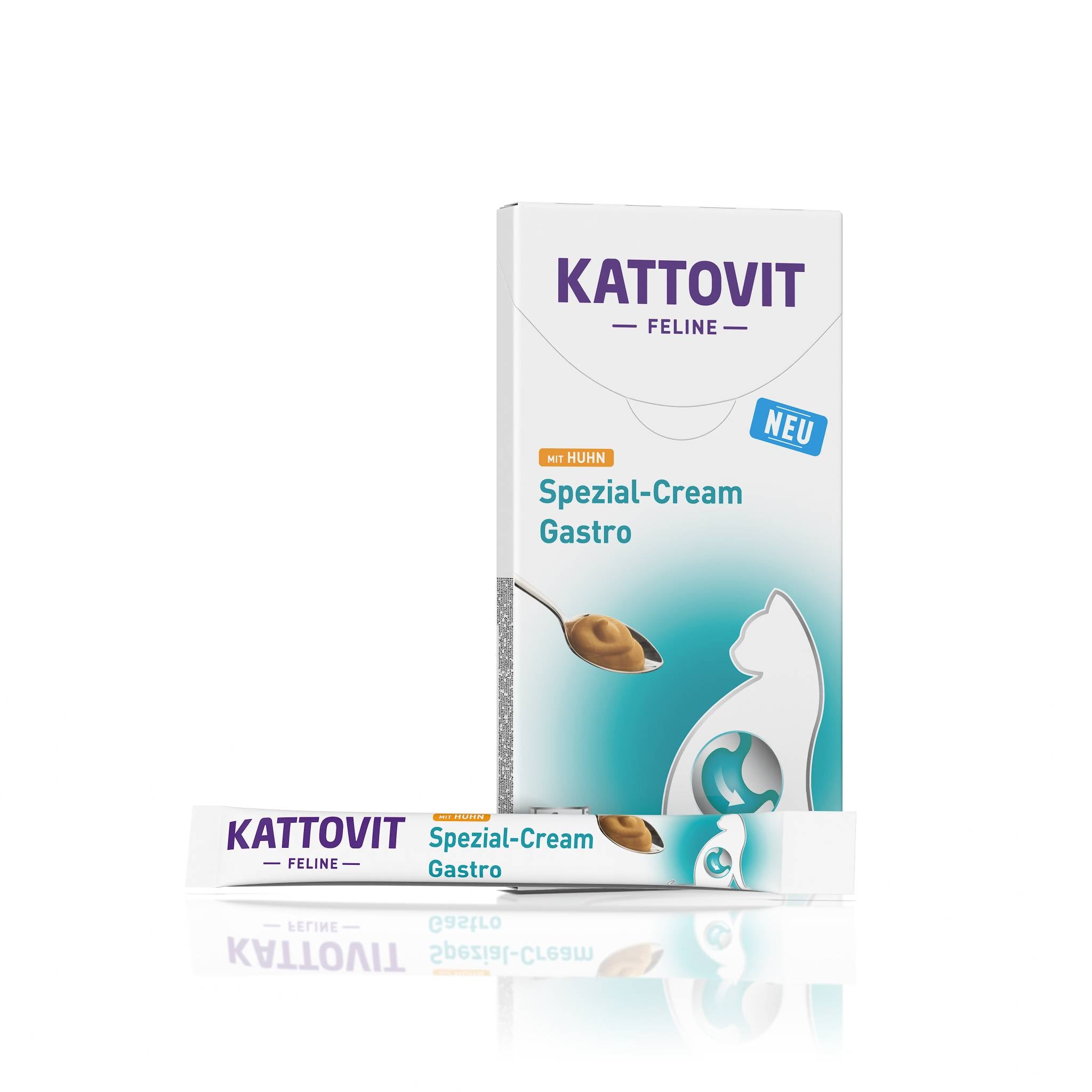 KATTOVIT Spezial-Cream Gastro mit Huhn, weiße Verpackung und Tube mit blauen und goldenen Akzenten.
