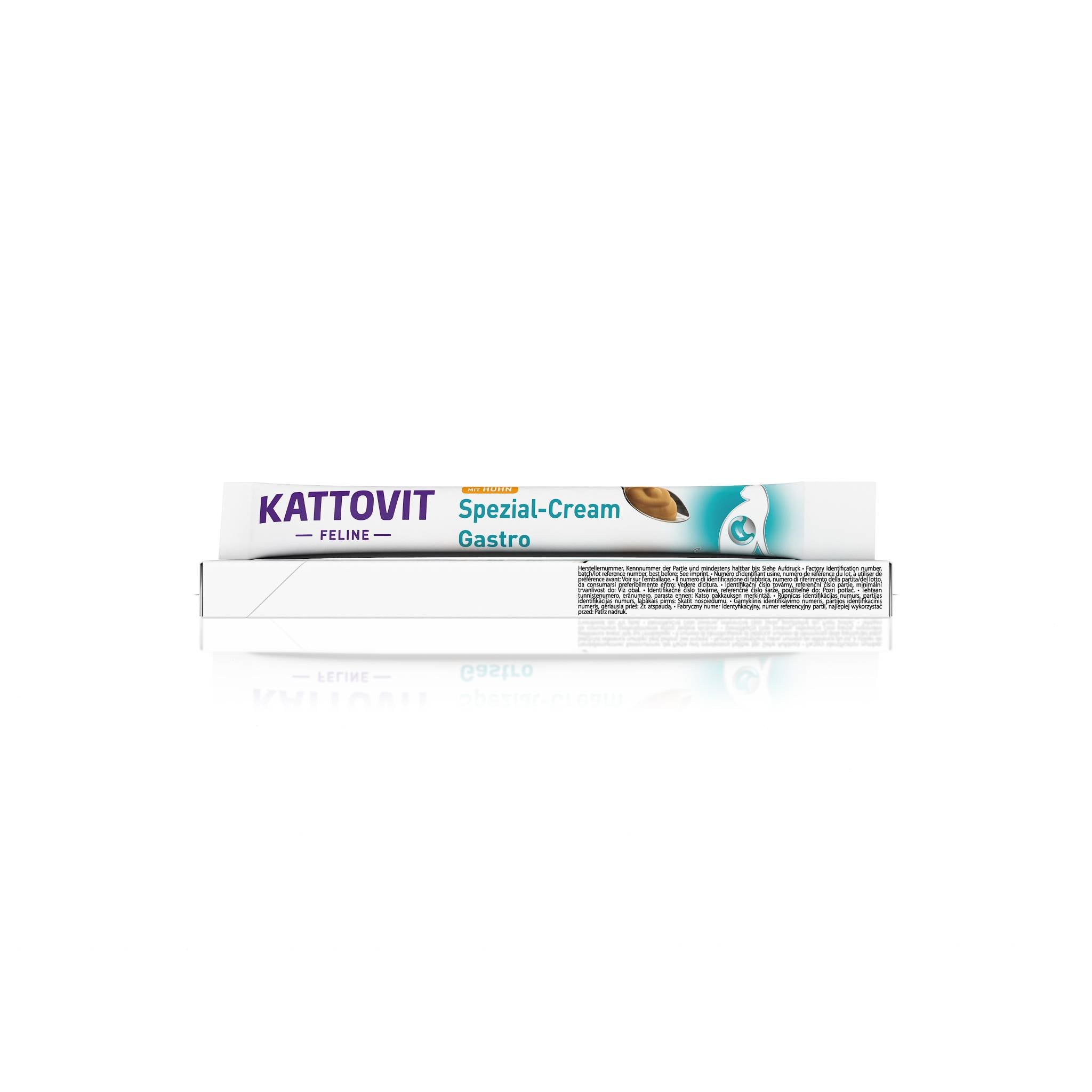Eine Tube eines Produkts namens "KATTOVIT Spezial-Cream Gastro" für Katzen. Die Tube ist weiß mit blauen und violetten Texten.