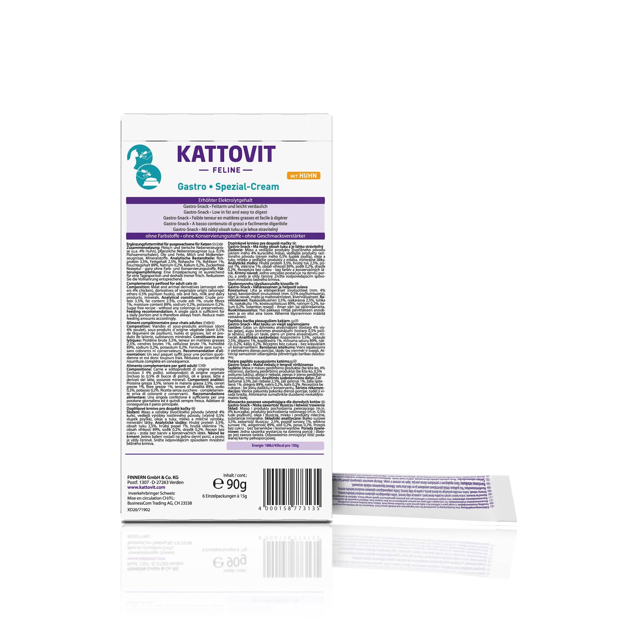 Die Rückseite einer Verpackung von Katzenfutter namens "KATTOVIT Feline Diet Gastro Spezial-Cream".