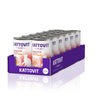 Eine lila Packung von KATTOVIT Spezial-Drink Niere/Renal mit 12 weißen Dosen. Jede Dose enthält den Markennamen und ein Bild von einer Katze neben einem Napf.