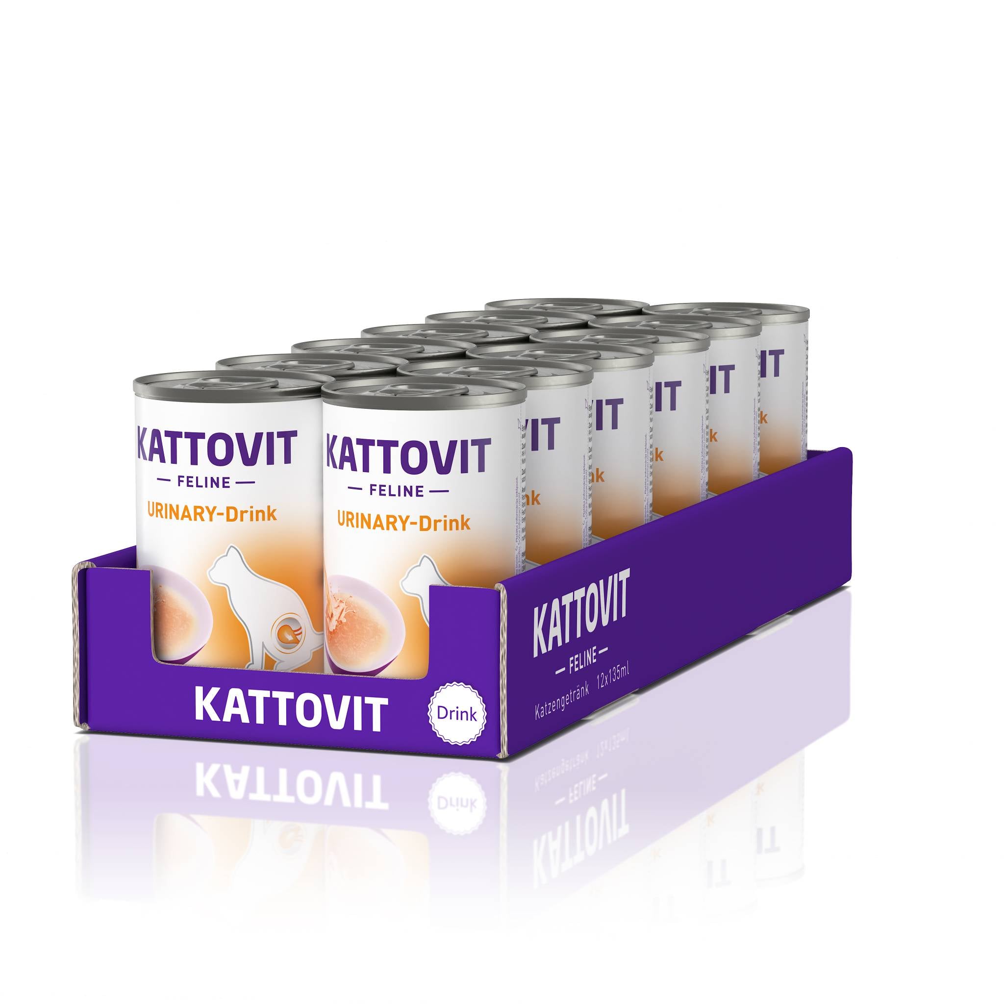 Eine Packung mit zwölf Dosen eines Katzengetränks. Die Dosen tragen die Aufschrift "KATTOVIT Feline Diet Urinary-Drink" und sind in einer lila Schachtel angeordnet.