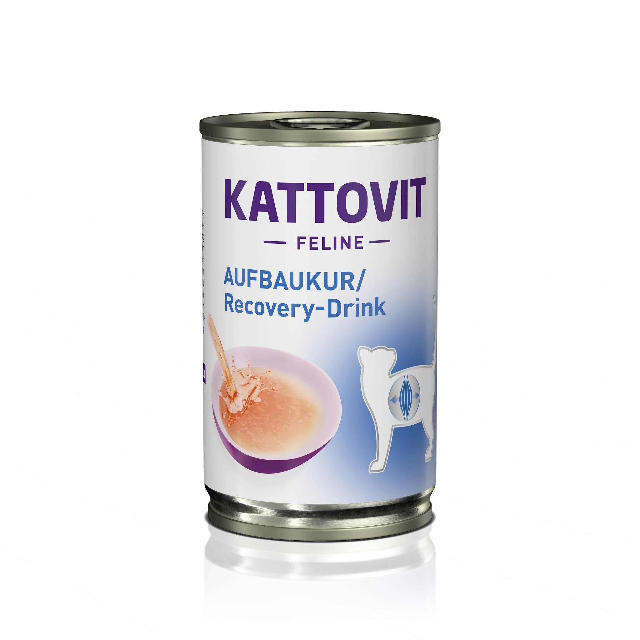 Eine Dose Katzenfutter der Marke KATTOVIT. Auf der Verpackung steht "Feline Diet Aufbaukur/Recovery-Drink".