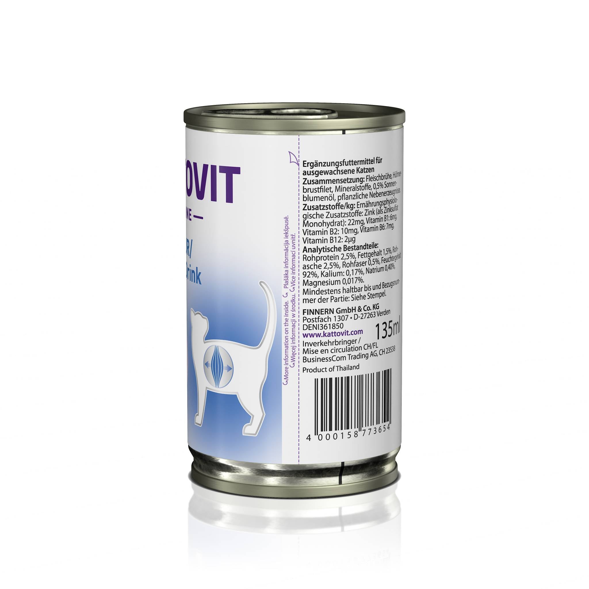 Rückseite einer KATTOVIT-Dose Aufbaukur-Drink mit Zusammensetzung, Herstellerangaben und Barcode.