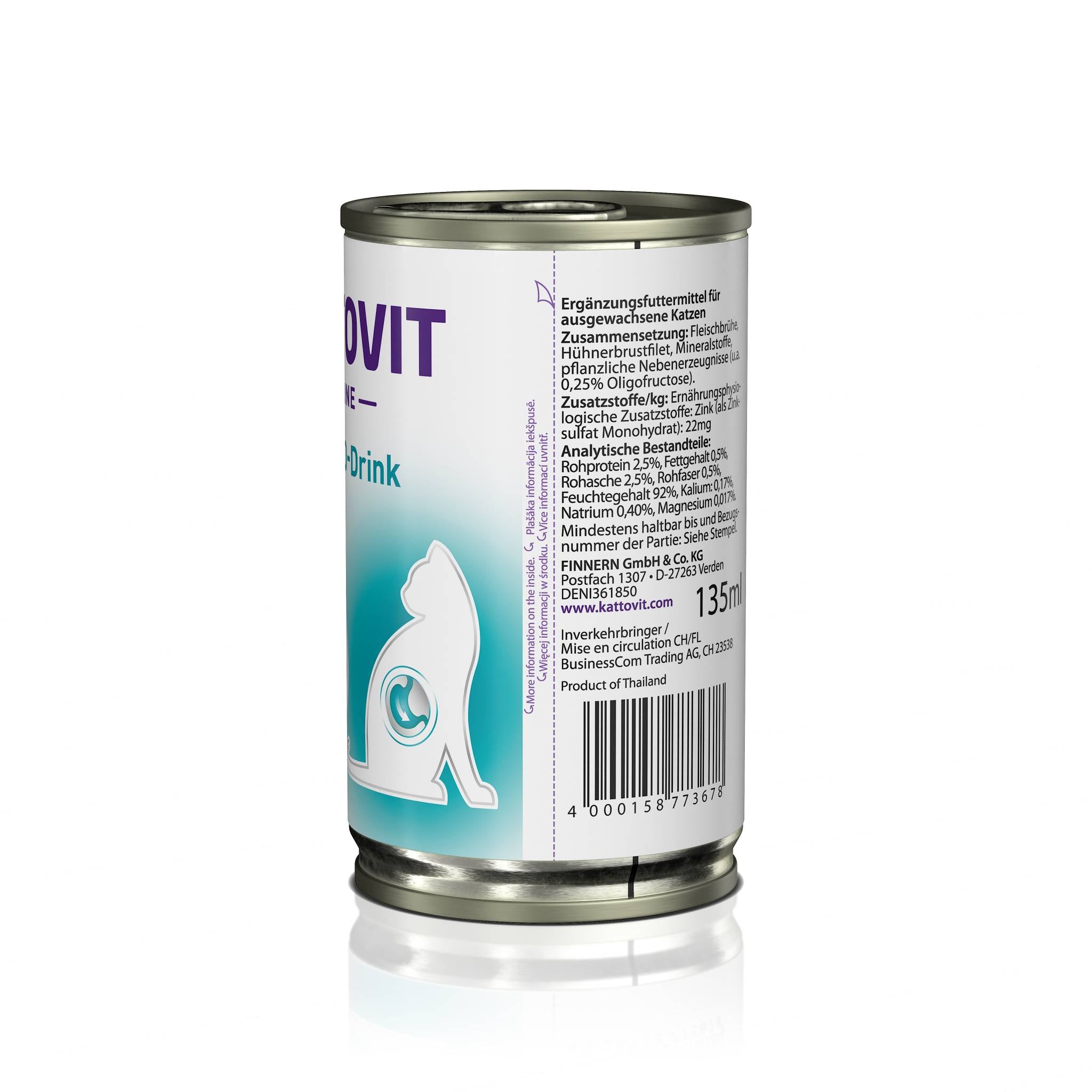 Rückseite einer KATTOVIT-Dose Gastro-Drink mit Zusammensetzung, Herstellerangaben und Barcode.