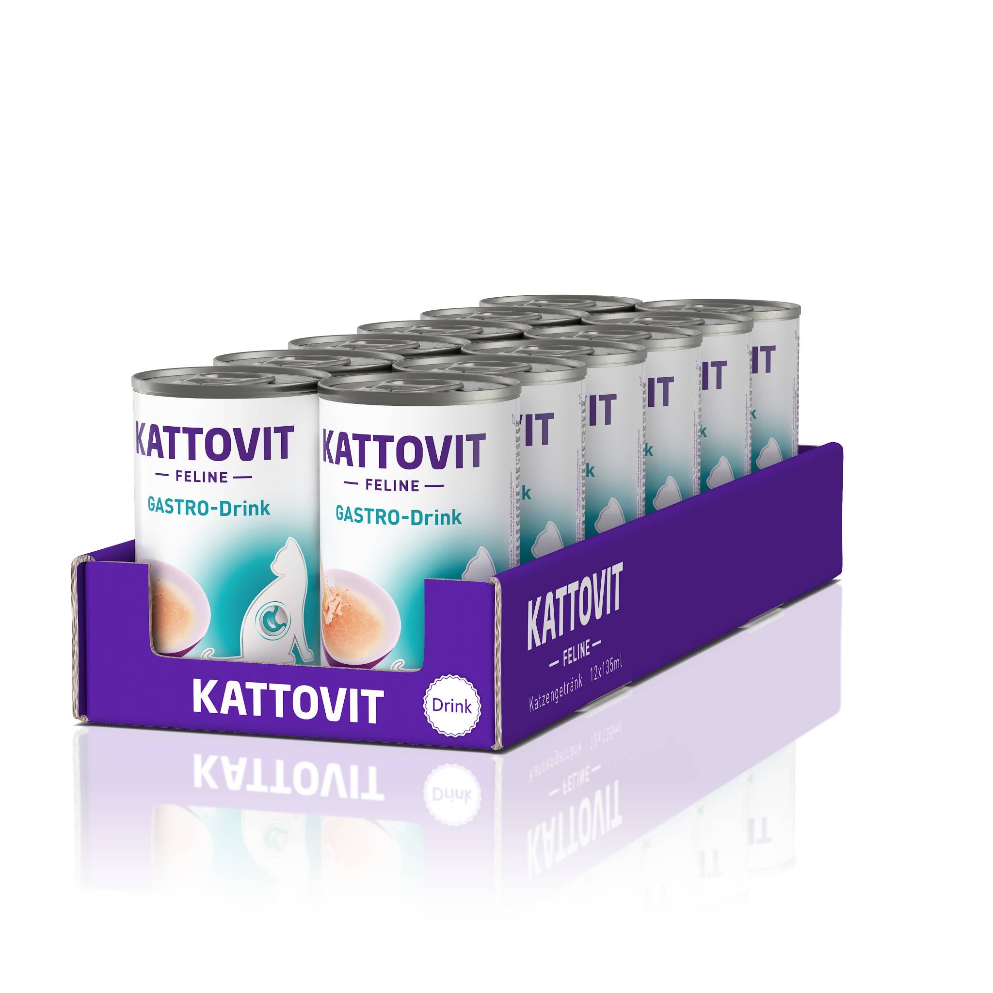 Einen lila Karton mit zwölf Dosen Katzenfutter der Marke KATTOVIT. Die Dosen tragen die Aufschrift "Gastro-Drink" und haben ein helles Design.