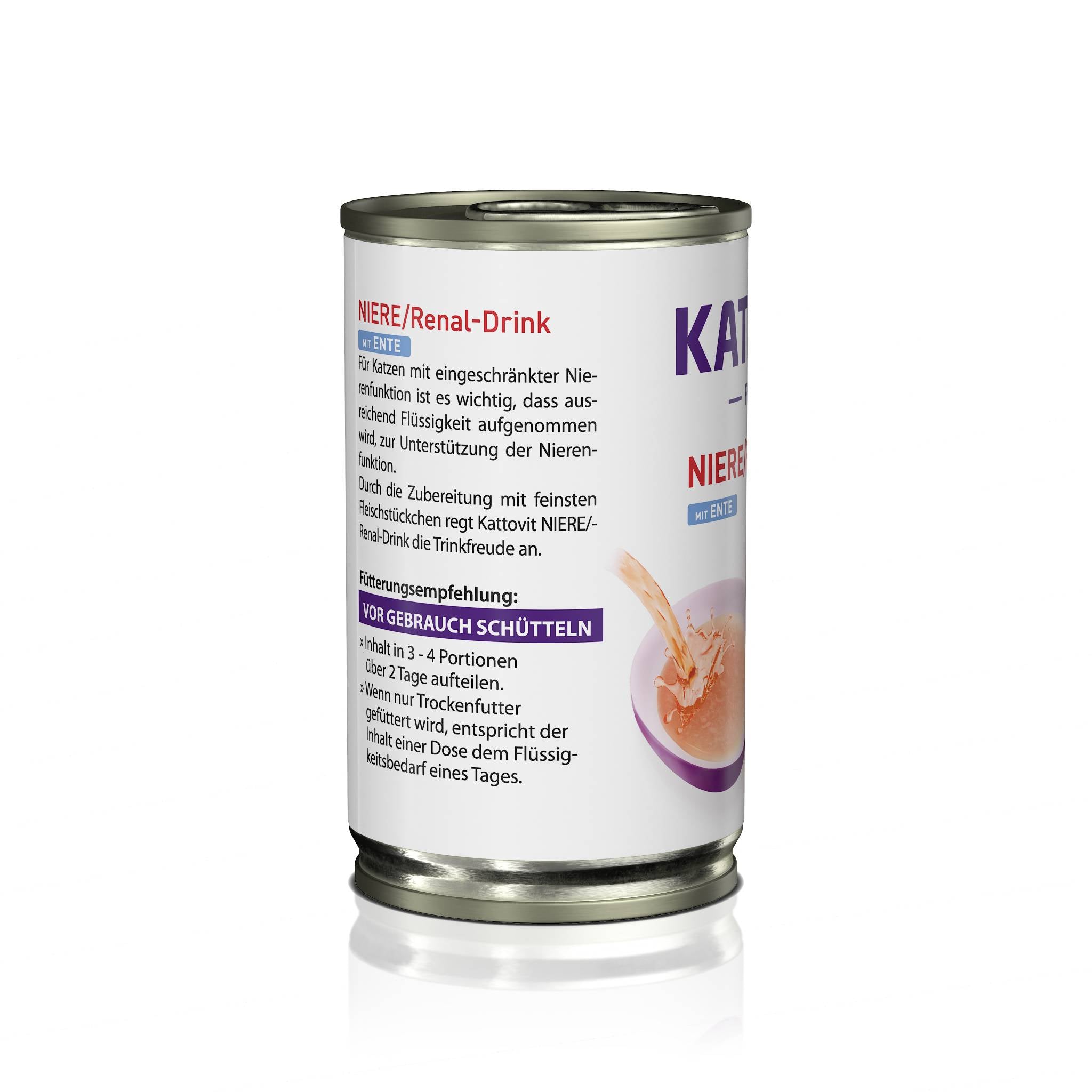 Rückseite einer KATTOVIT-Dose Niere/Renal-Drink mit detaillierten Produktinformationen.