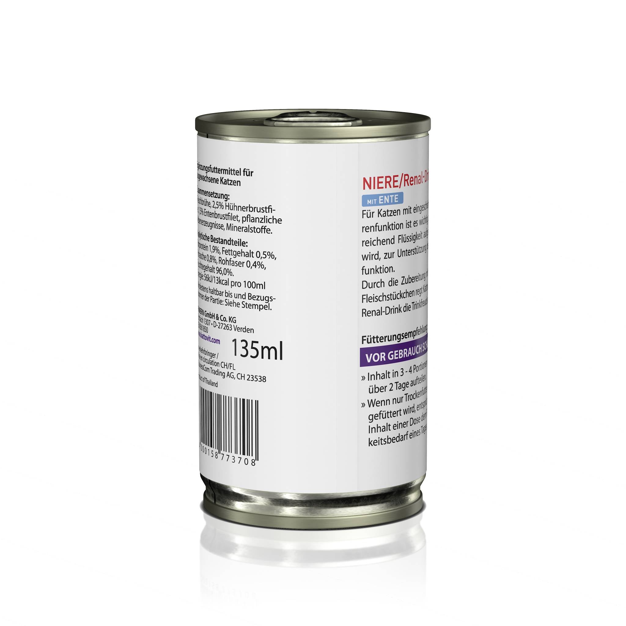 Rückseite einer KATTOVIT-Dose Niere/Renal-Drink mit einem Inhalt von 135ml.