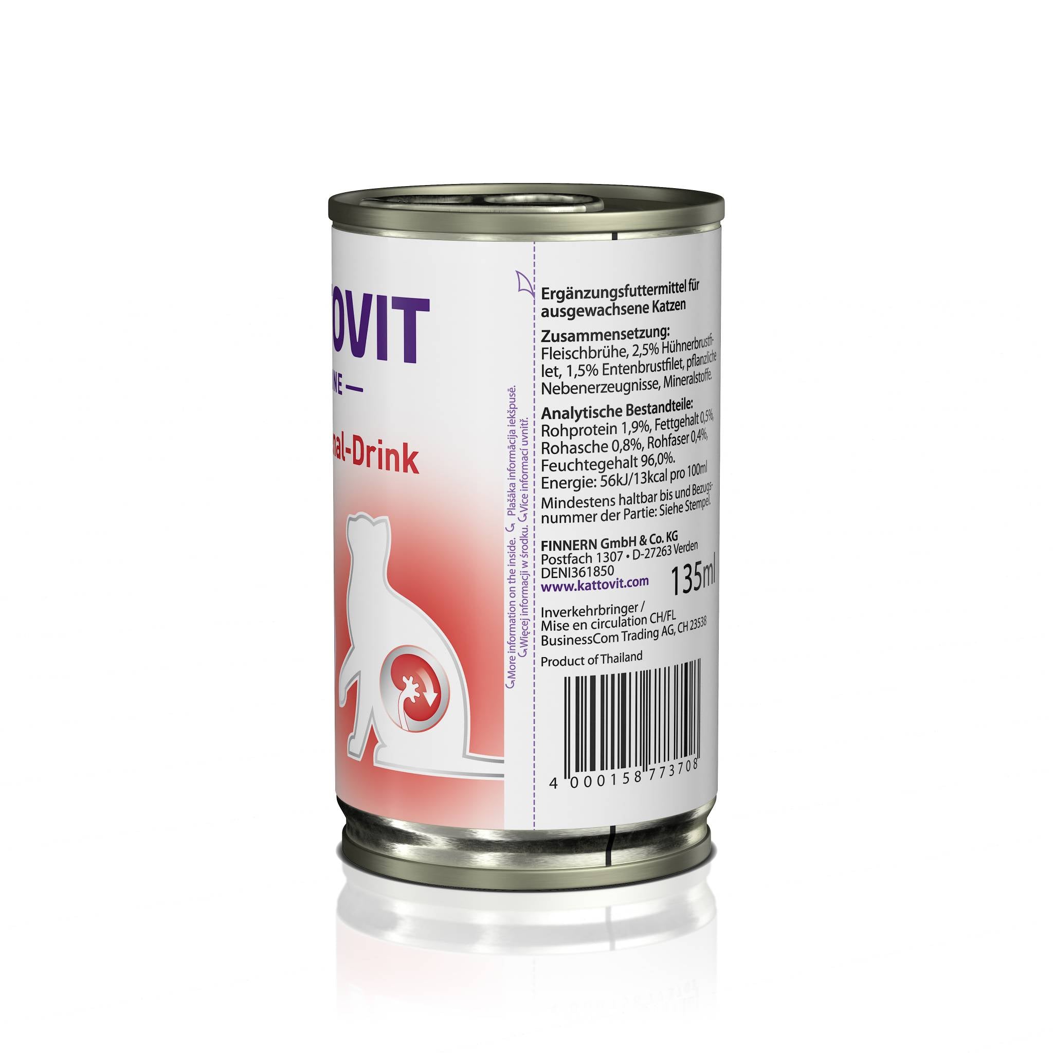 Rückseite einer KATTOVIT-Dose Niere/Renal-Drink mit Zusammensetzung, Herstellerangaben und Barcode.