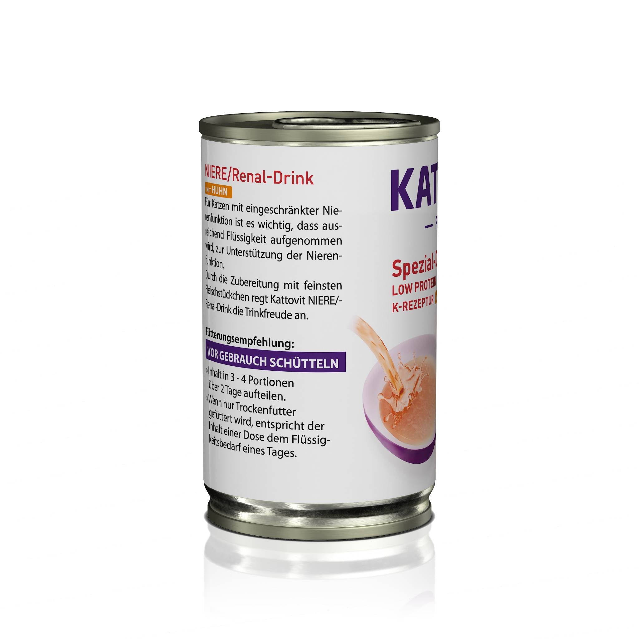 Rückseite einer KATTOVIT-Dose Niere/Renal-Drink mit detaillierten Produktinformationen.