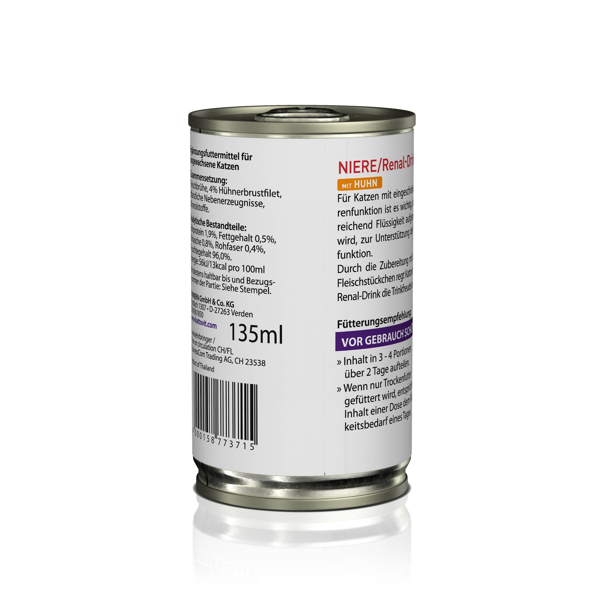 Rückseite einer KATTOVIT-Dose Niere/Renal-Drink mit einem Inhalt von 135ml.